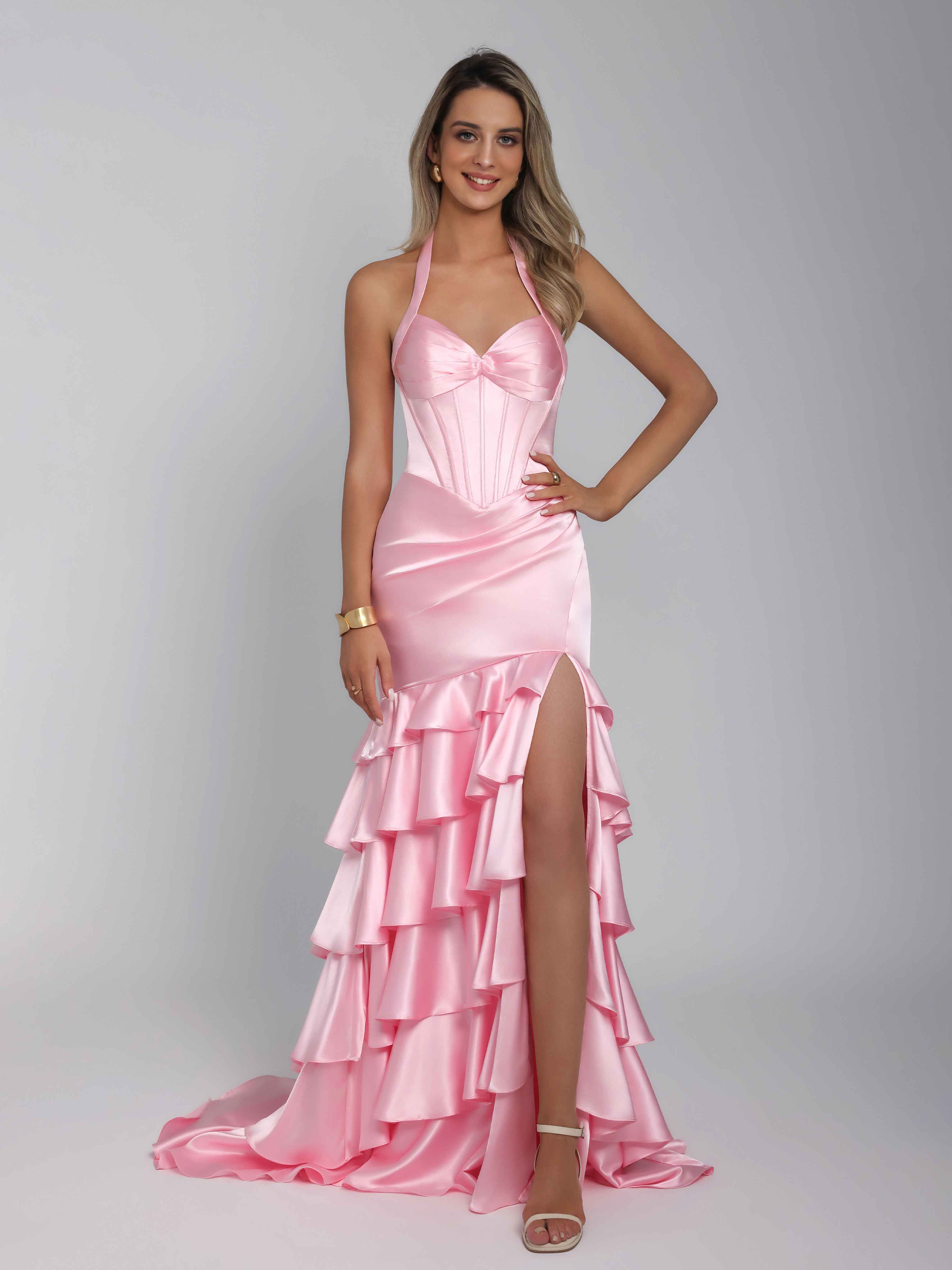 Robes De Soirée En Satin Sirène Licou Échelons De Traîne Kaelindra