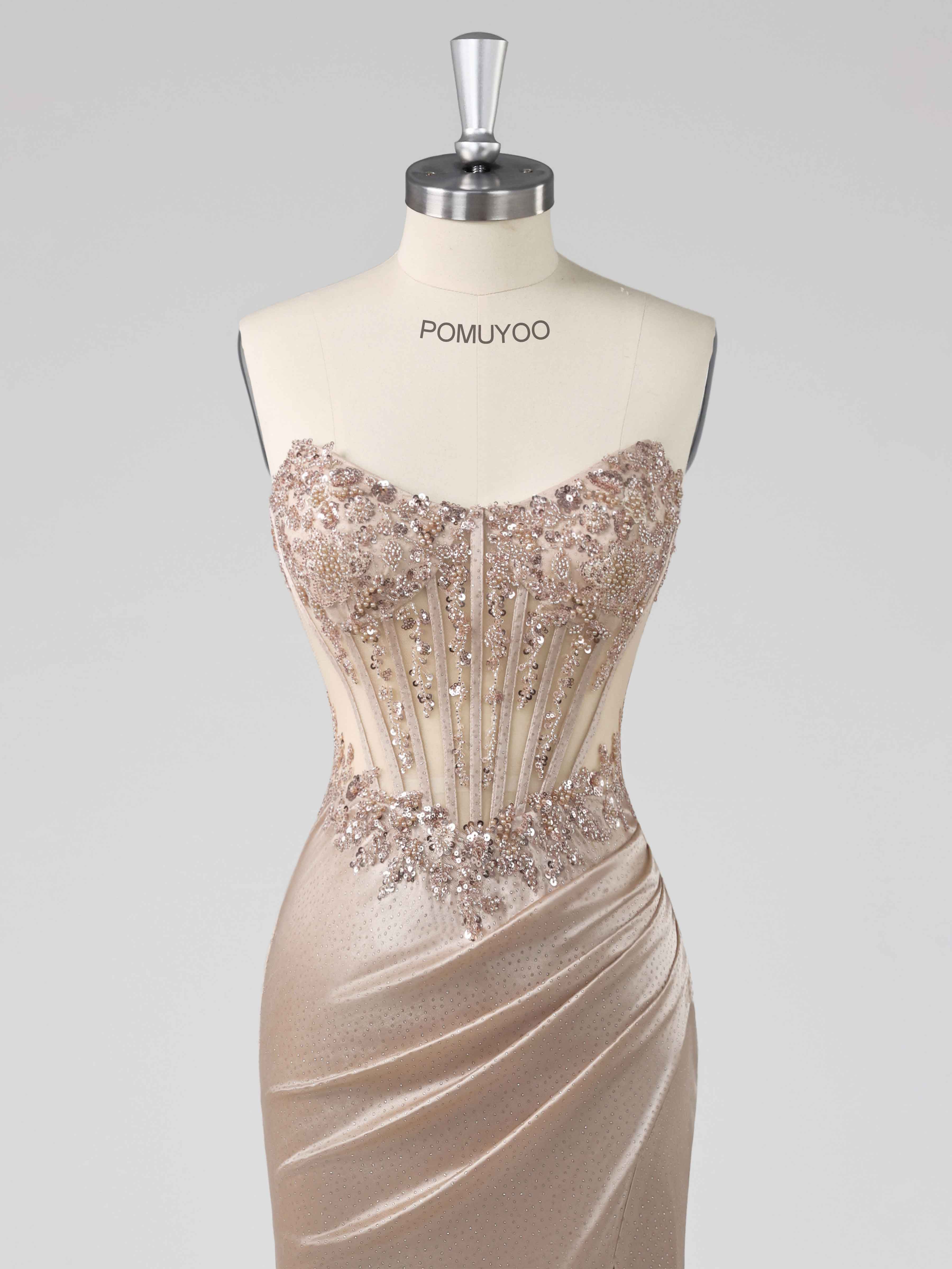 Robes De Soirée Sans Bretelles Gaine Perles Et Paillettes Fente Latérale Longue Praelindra