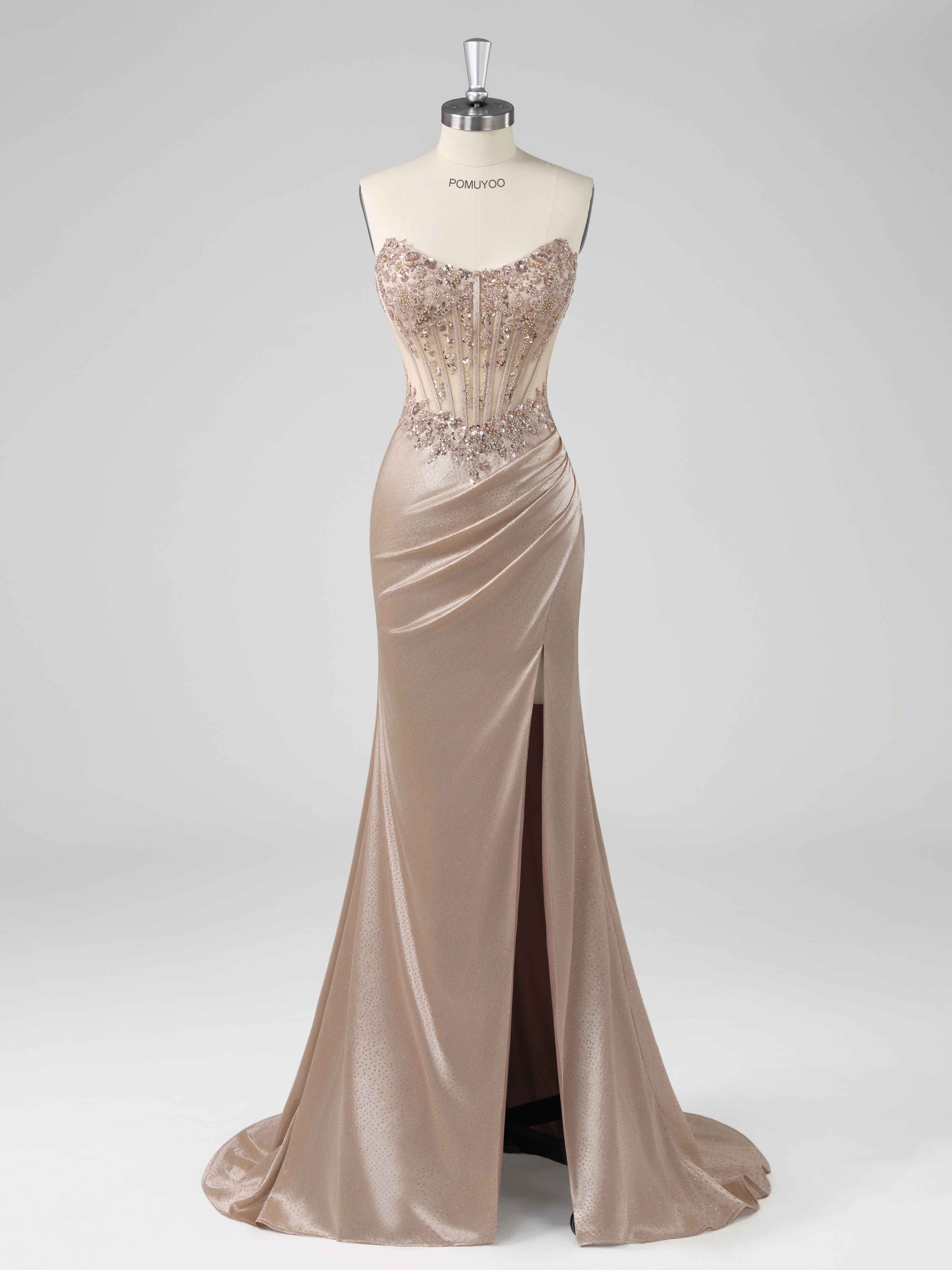 Robes De Soirée Sans Bretelles Gaine Perles Et Paillettes Fente Latérale Longue Praelindra