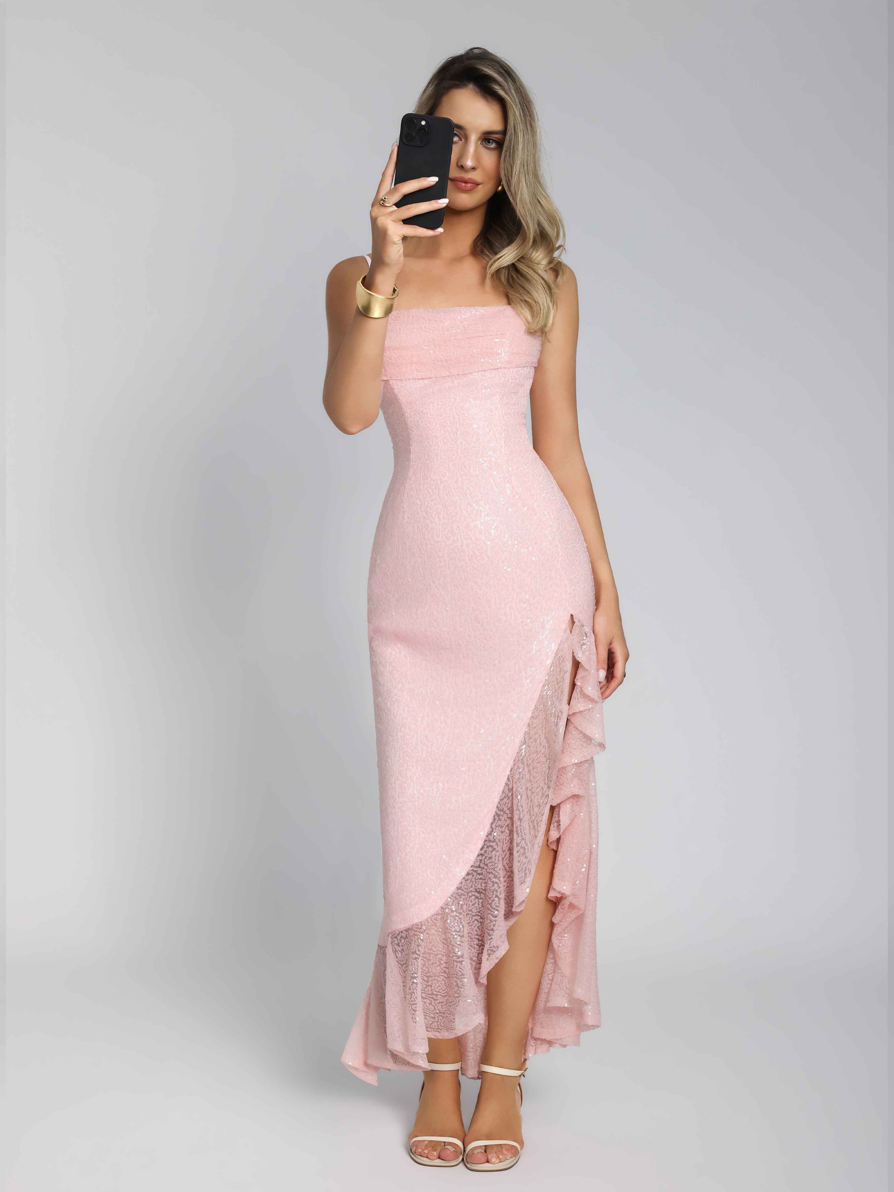 Robes De Soirée Chic Bretelles Spaghetti Ruche Volants Fente Latérale Longue Pailletées Aelithia