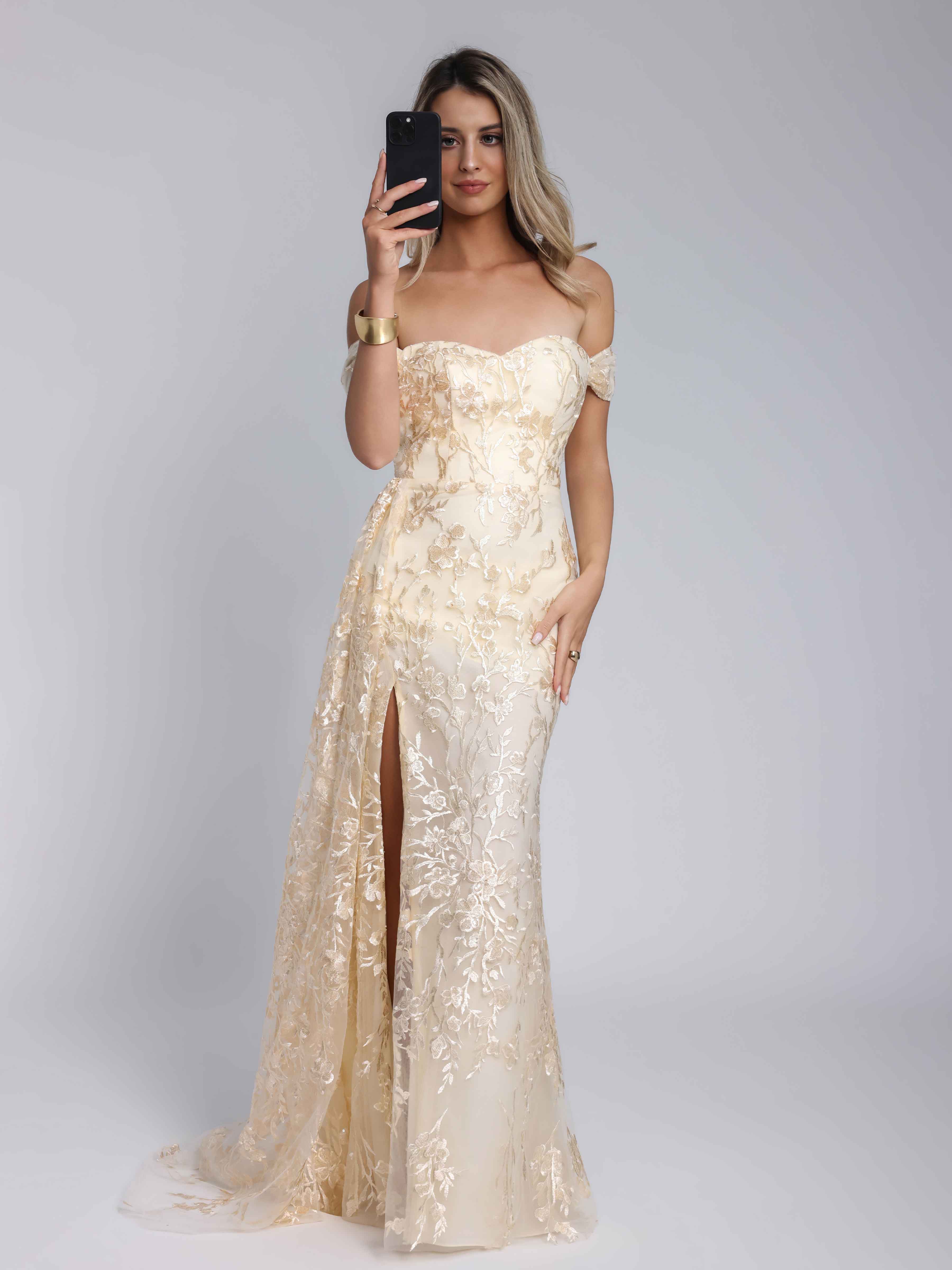 Robes De Soirée En Mousseline épaules Dénudées Appliqués Longue Caelithia