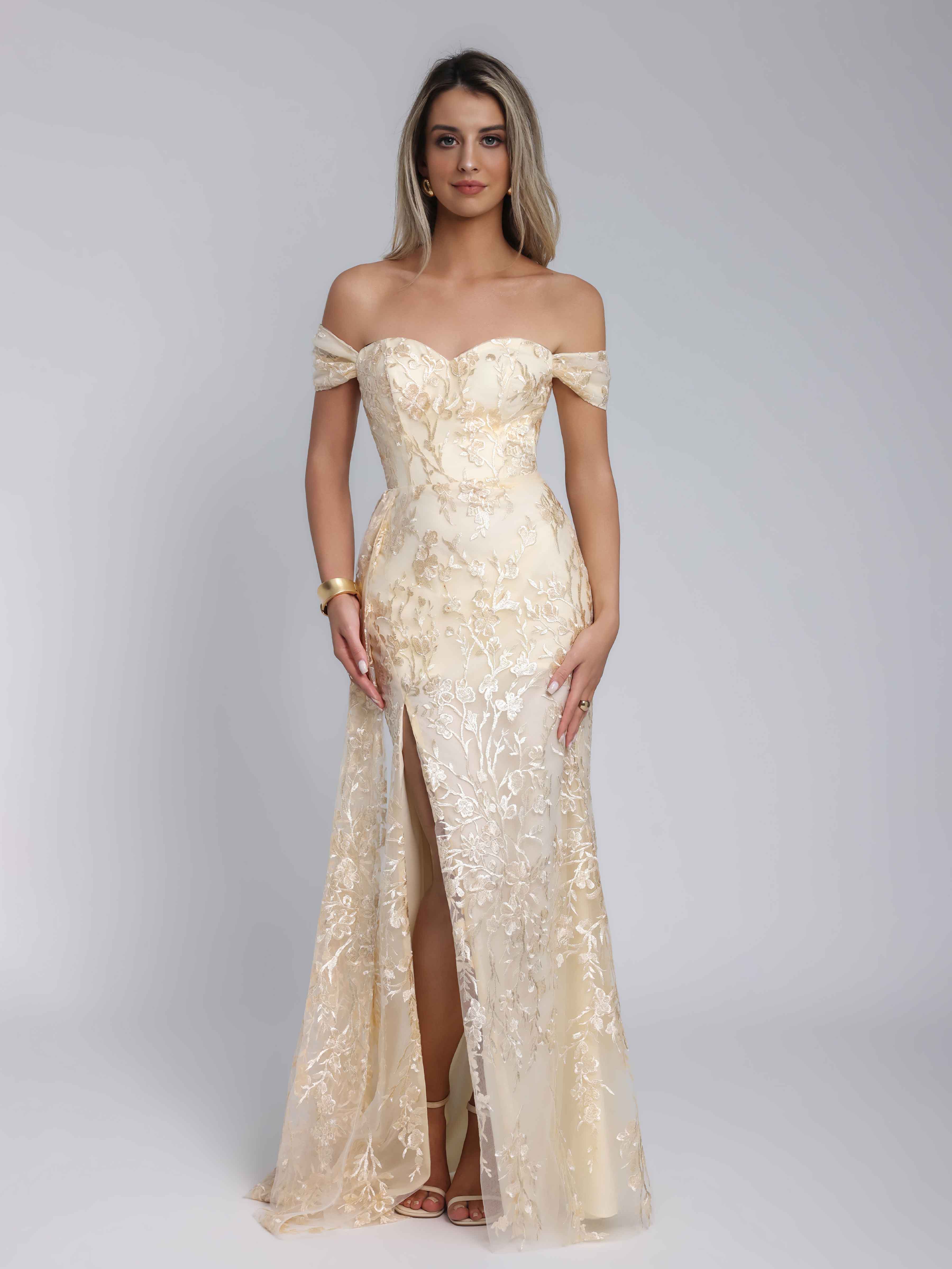 Robes De Soirée En Mousseline épaules Dénudées Appliqués Longue Caelithia