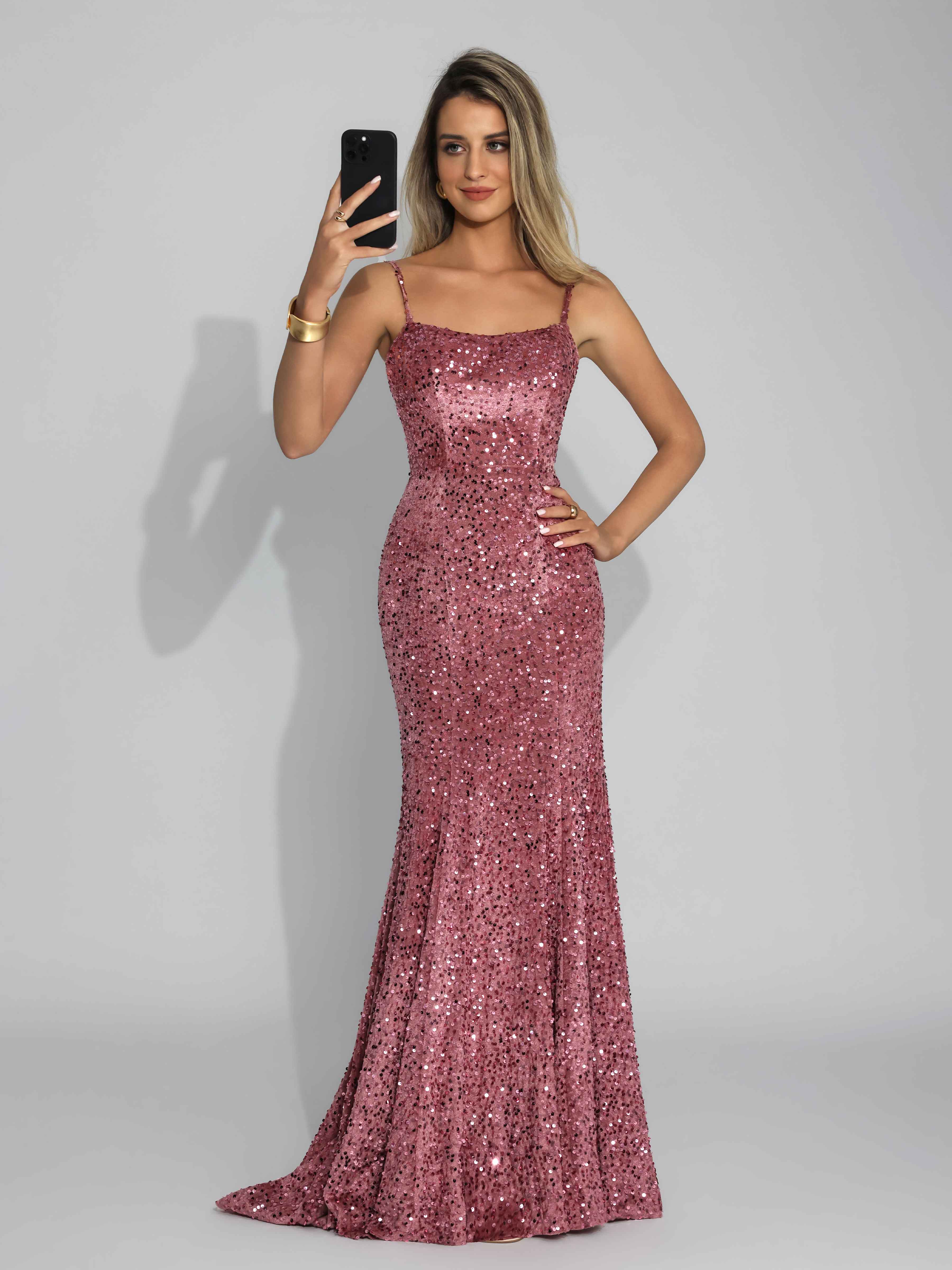 Robes De Soirée En Velours Bretelles Spaghetti Tendance Pailletées Longue Draelithia