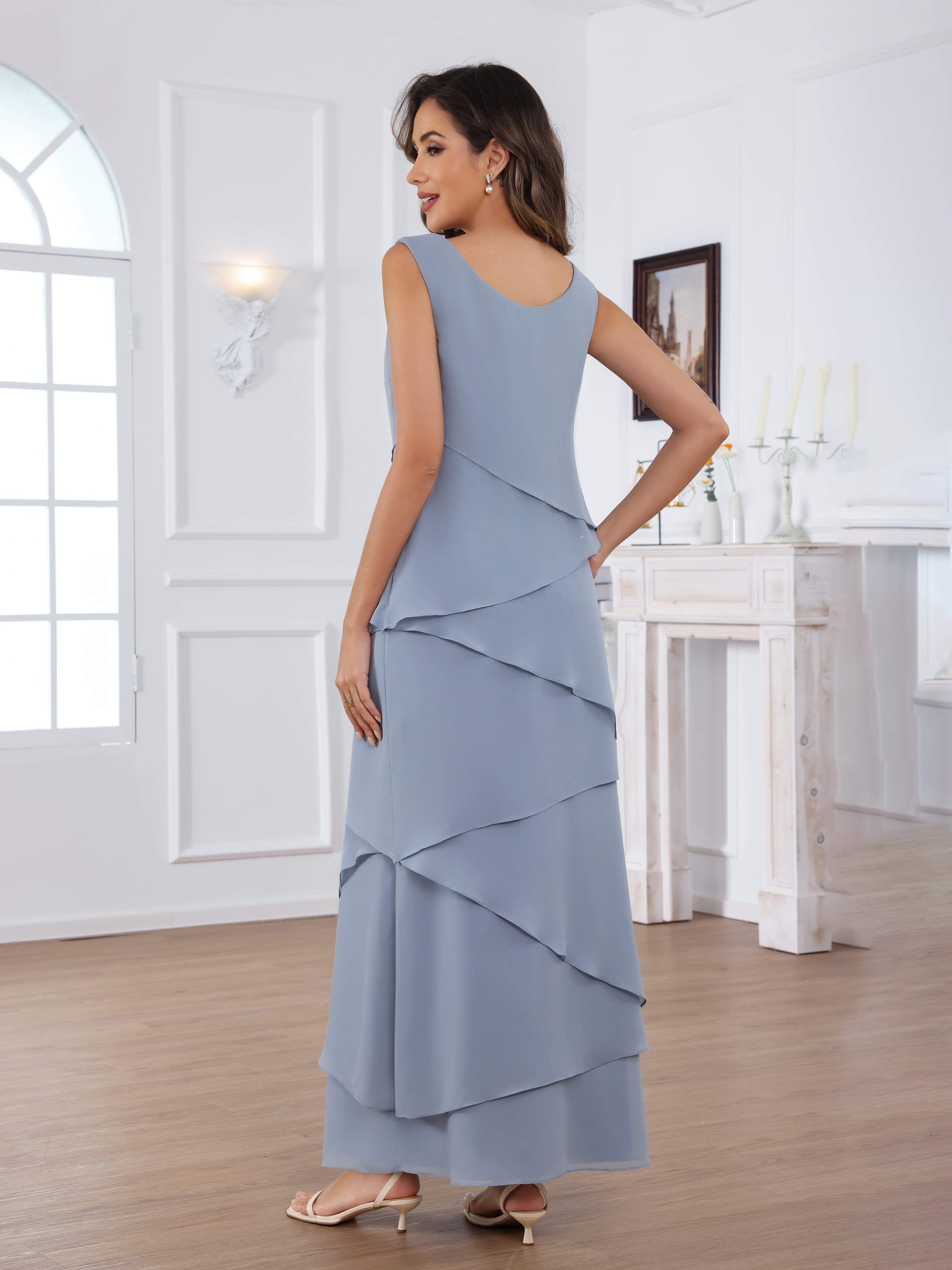 Robes Mère De La Mariée En Mousseline À Flowing A-ligne Col V Échelonné 2-piece Floor Length Oraelithryn