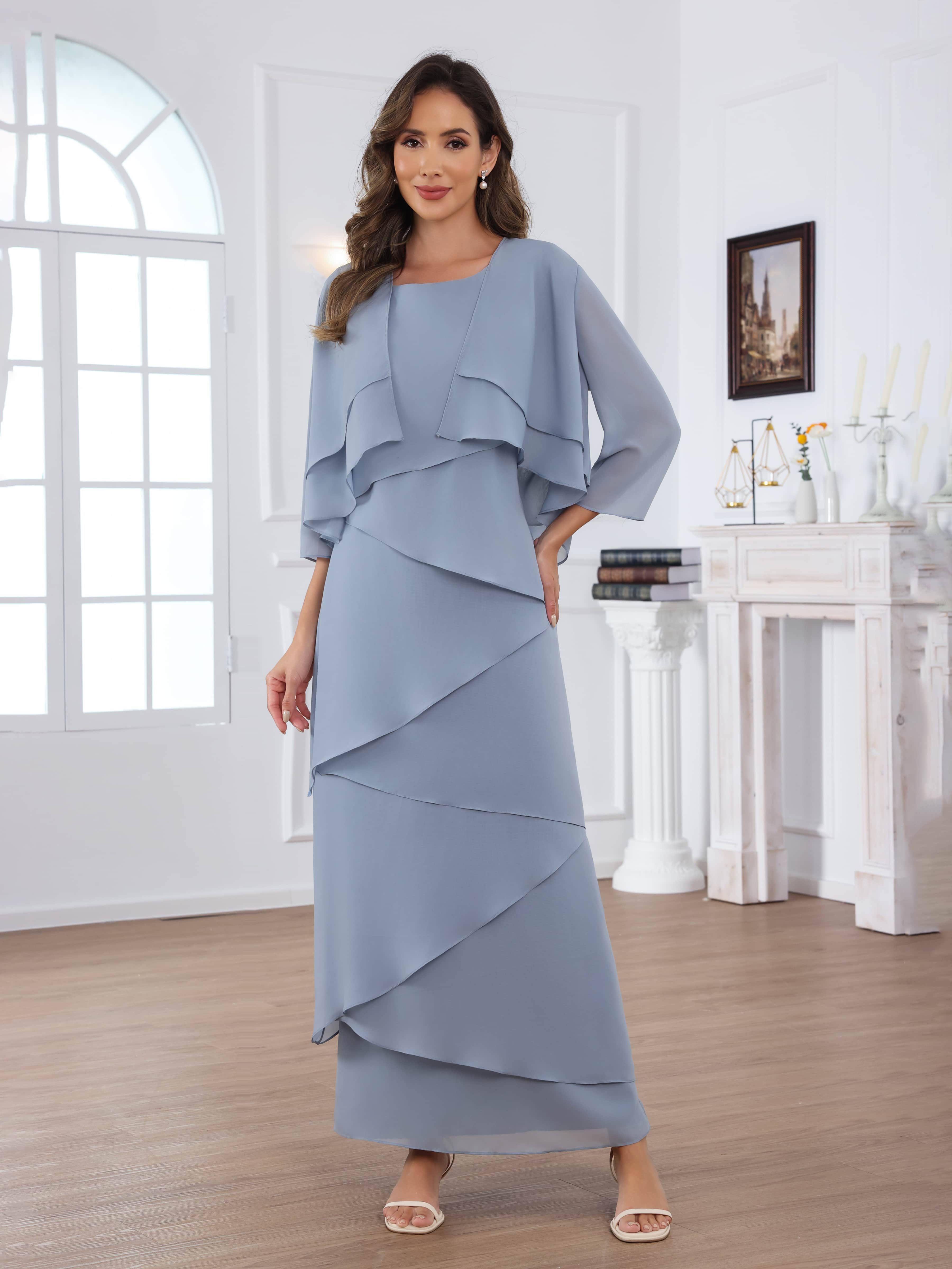 Robes Mère De La Mariée En Mousseline À Flowing A-ligne Col V Échelonné 2-piece Floor Length Oraelithryn