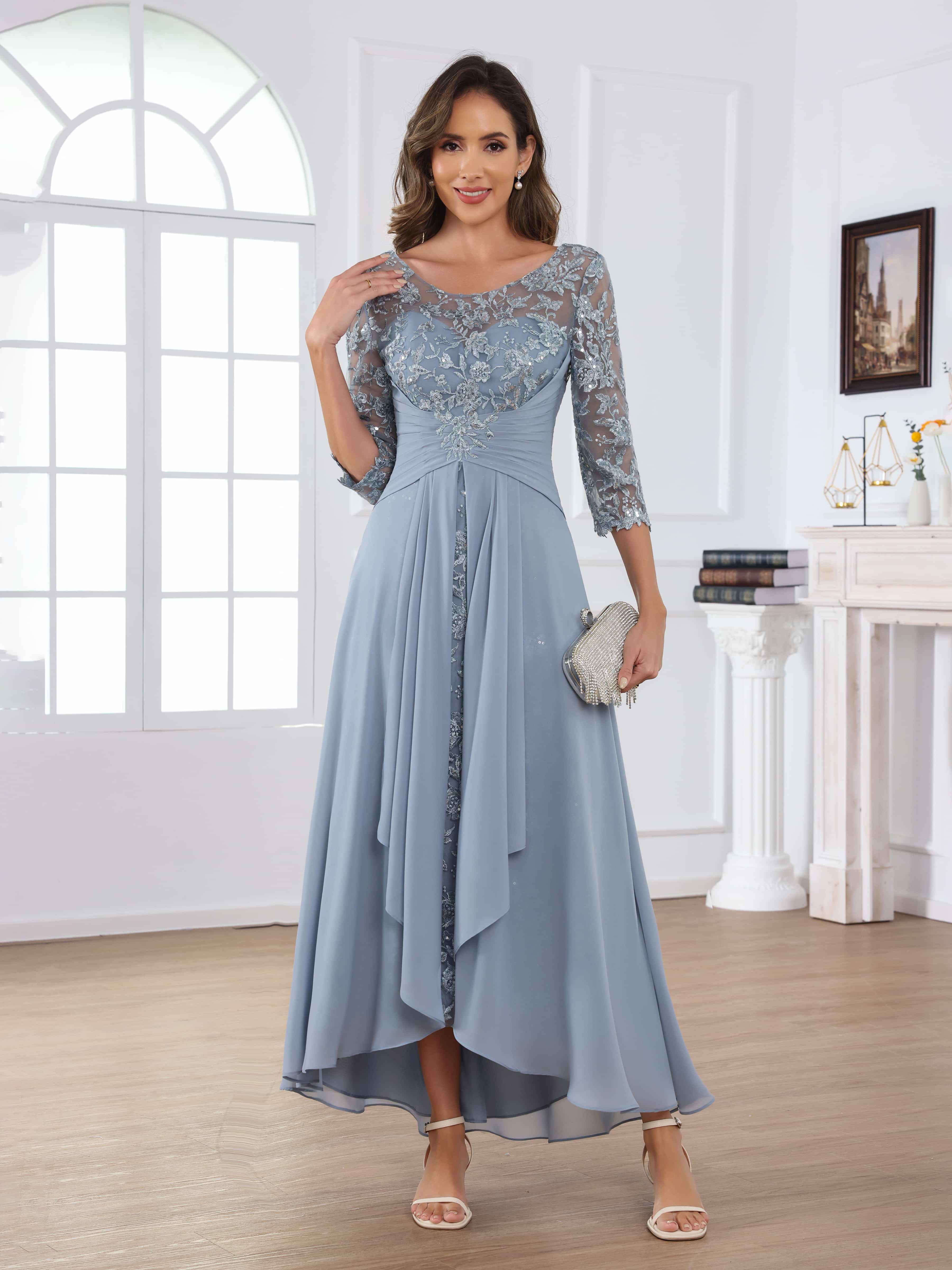 Robes Mère De La Mariée En Mousseline À A-ligne Illusion Appliqués Ruché Longue Praelithryn