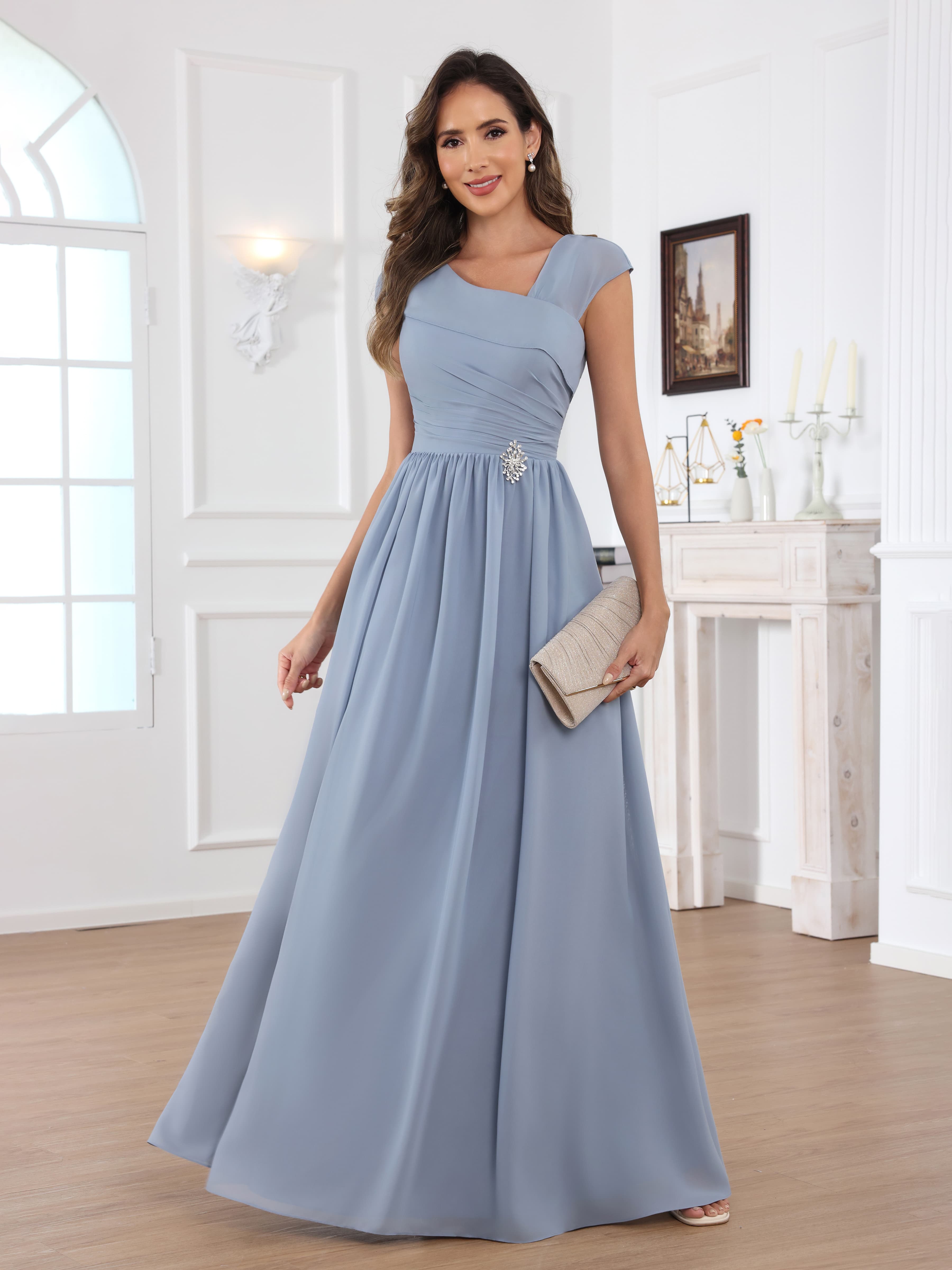 Robes Mère De La Mariée En Mousseline À A-ligne Col V Perles Floor Length Qaelithryn