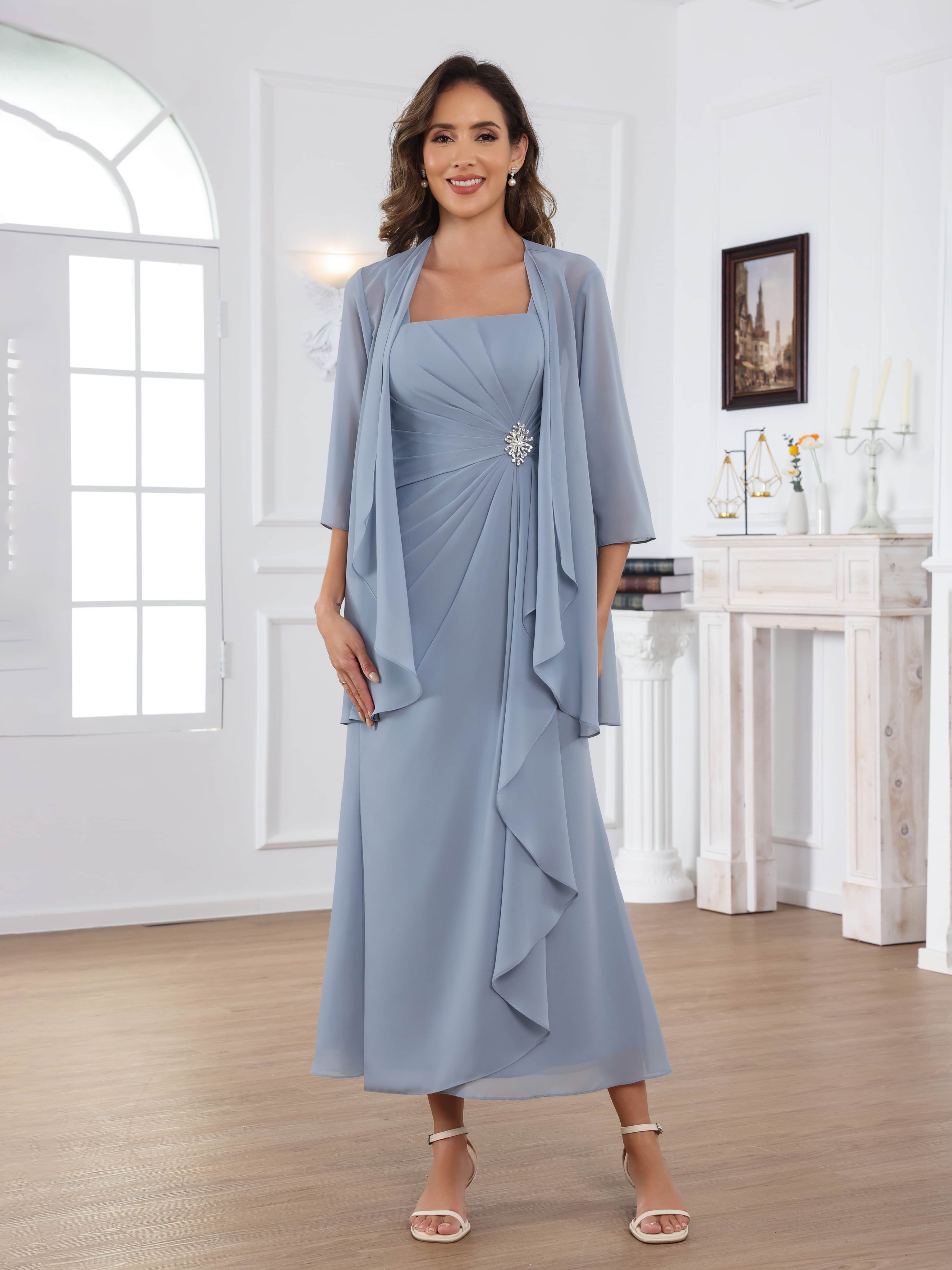 Robes Mère De La Mariée En Mousseline À Gracieuse A-ligne Carré Perles Ruché 2 pièces Midi Raelithryn