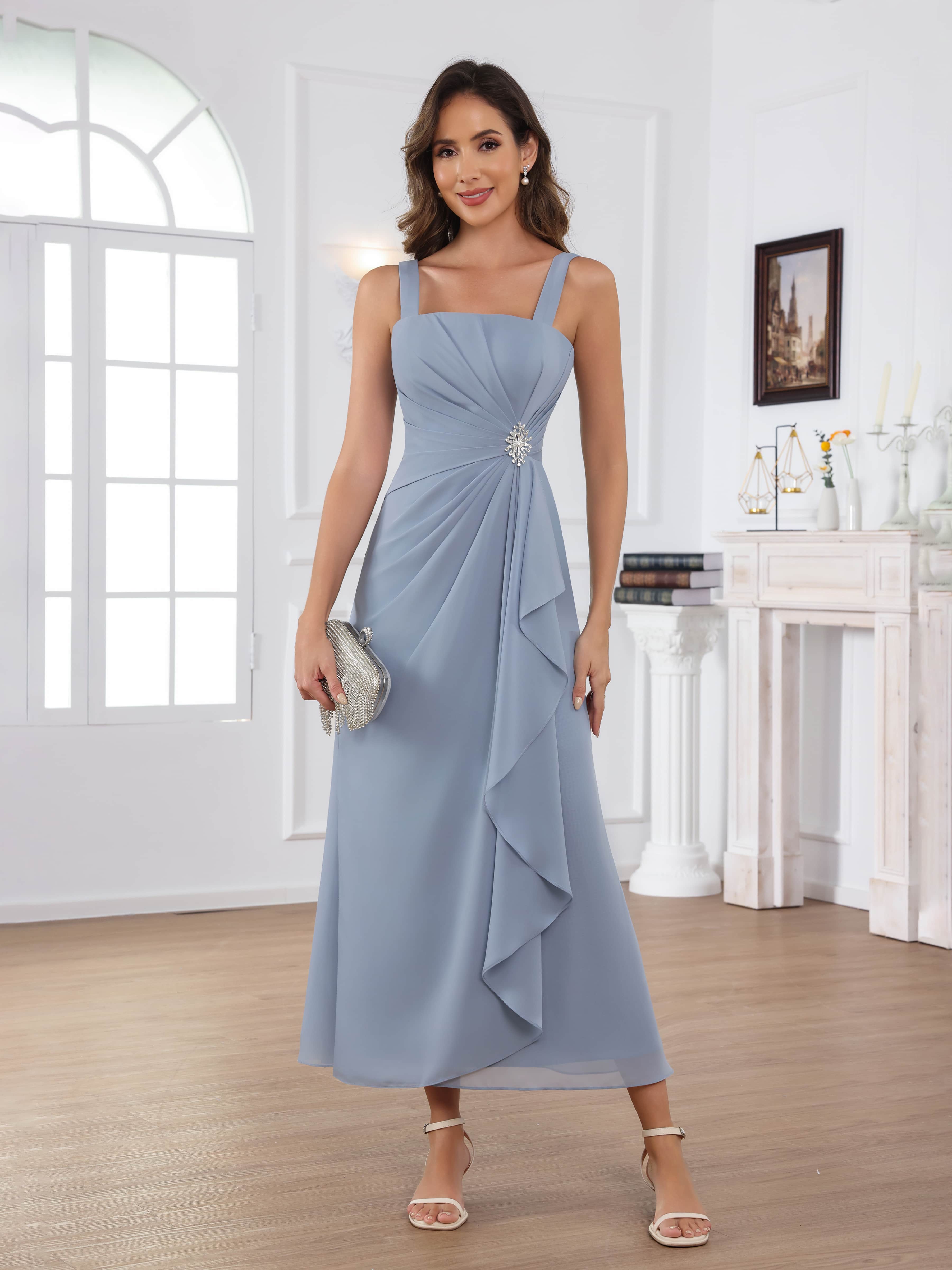 Robes Mère De La Mariée En Mousseline À Gracieuse A-ligne Carré Perles Ruché 2 pièces Midi Raelithryn