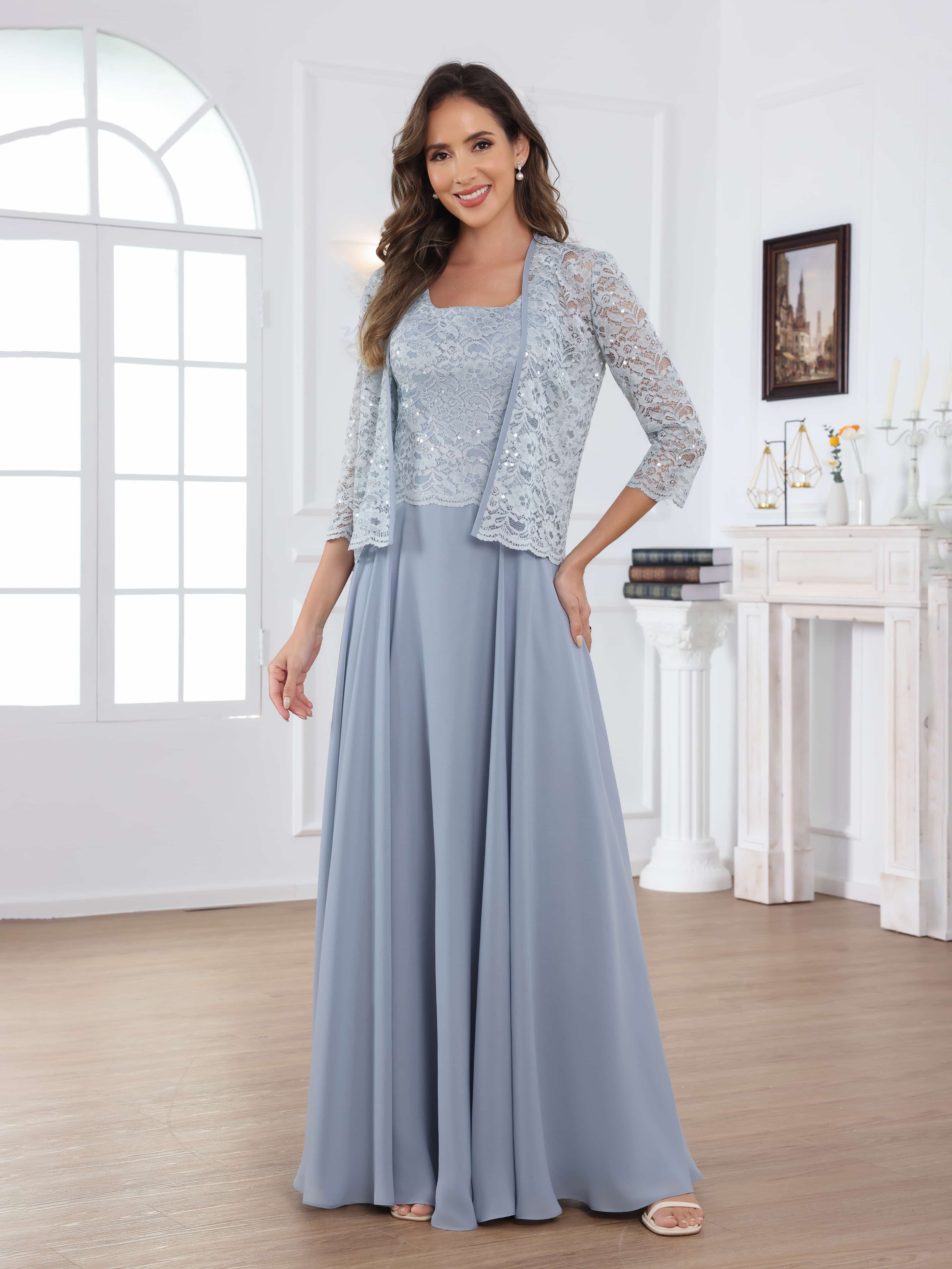 Robes Mère De La Mariée En Mousseline À A-ligne 2 pièces Appliqués Longueur Au Sol Traelithryn