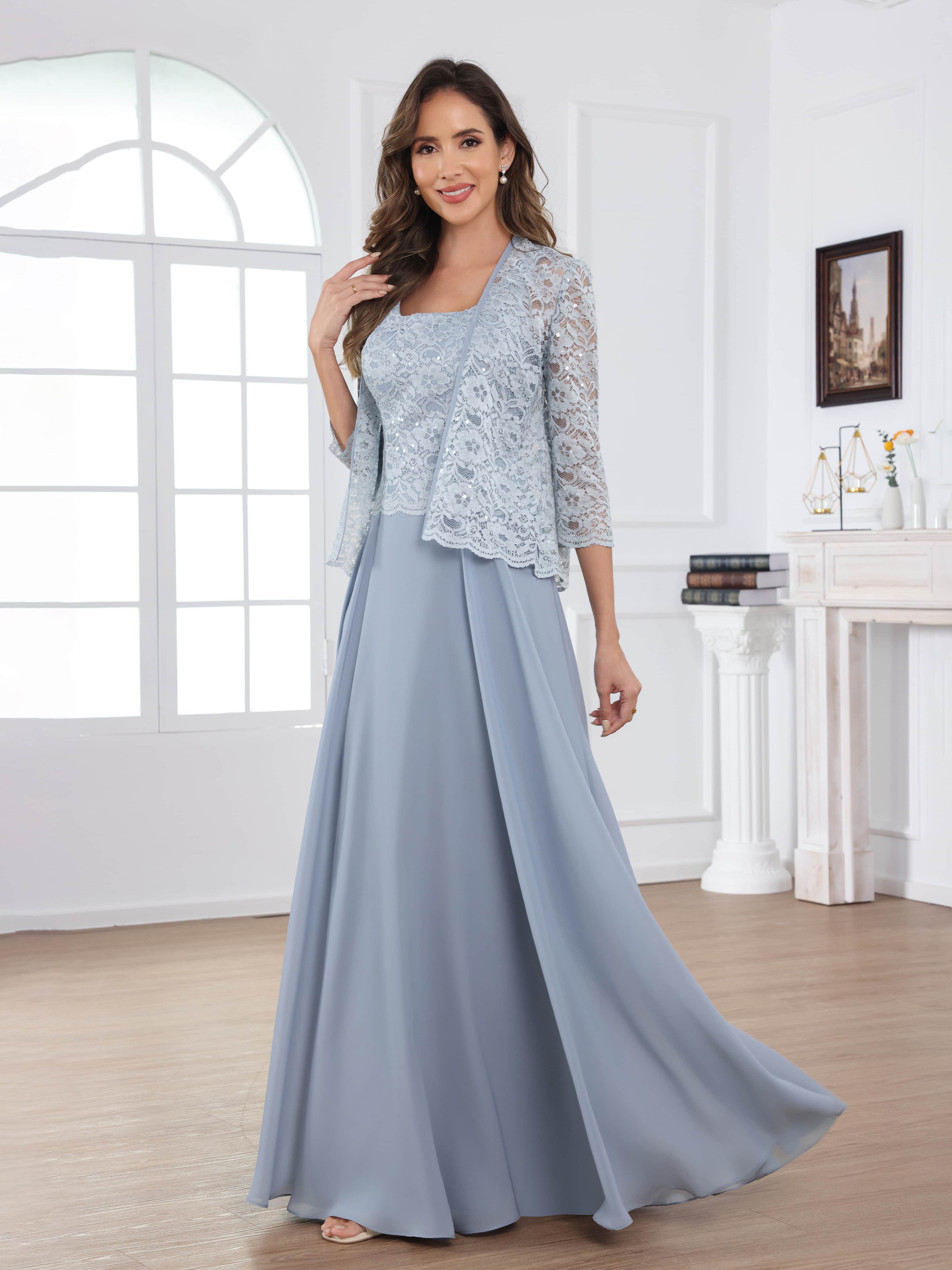 Robes Mère De La Mariée En Mousseline À A-ligne 2 pièces Appliqués Longueur Au Sol Traelithryn