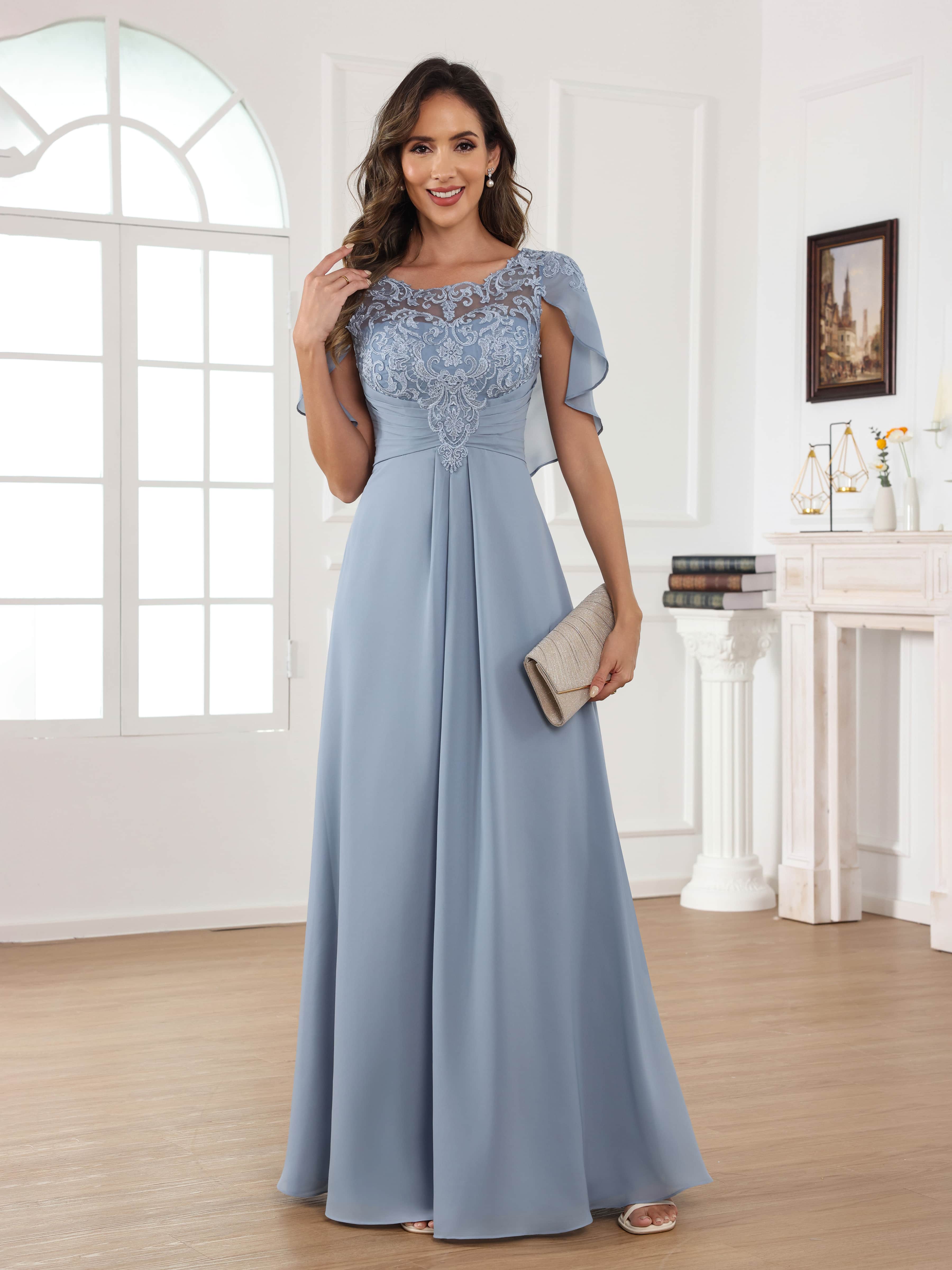 Robes Mère De La Mariée En Mousseline À Cape Illusion Appliqués Plissé Longue Aelithara