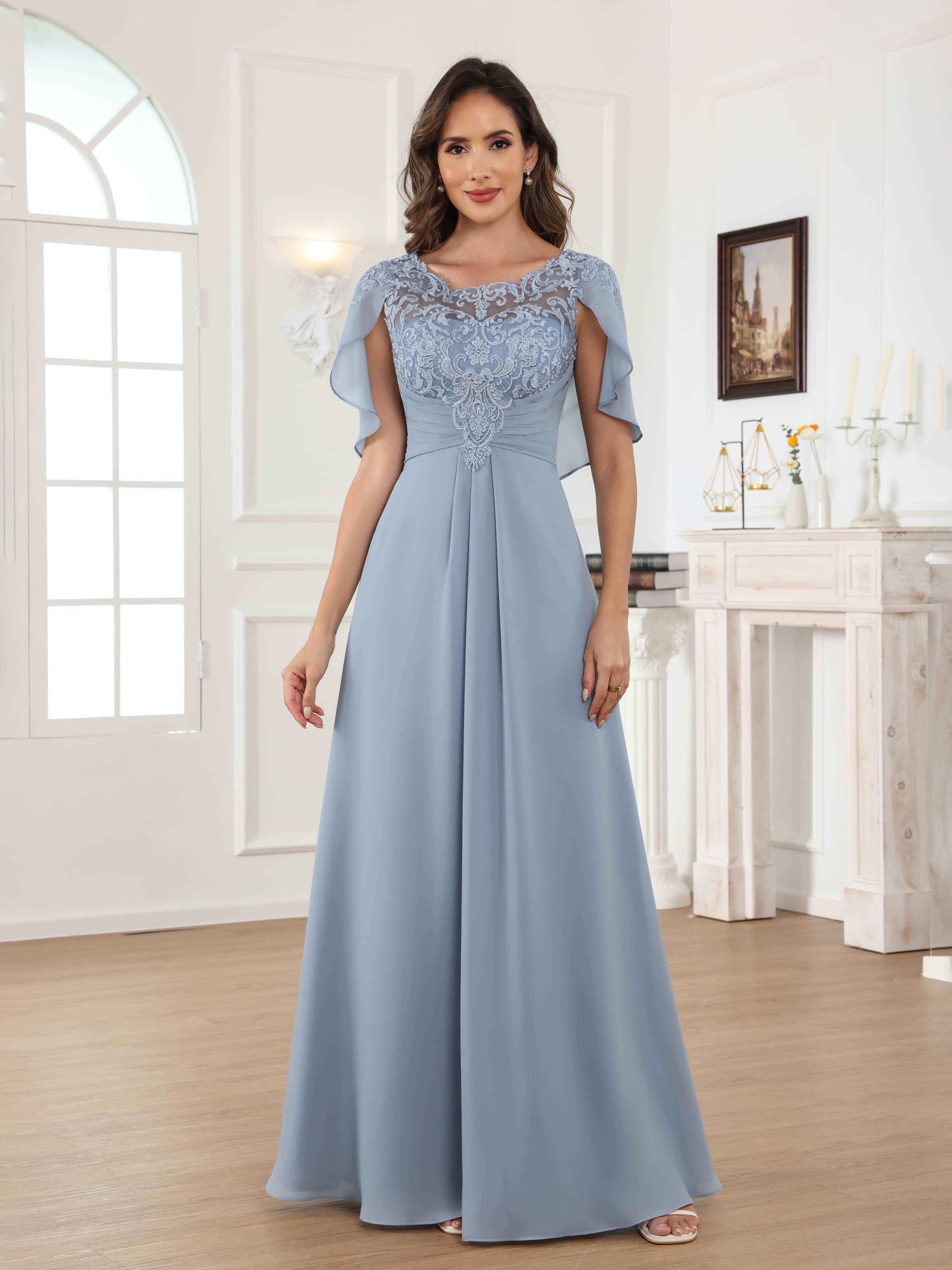 Robes Mère De La Mariée En Mousseline À Cape Illusion Appliqués Plissé Longue Aelithara