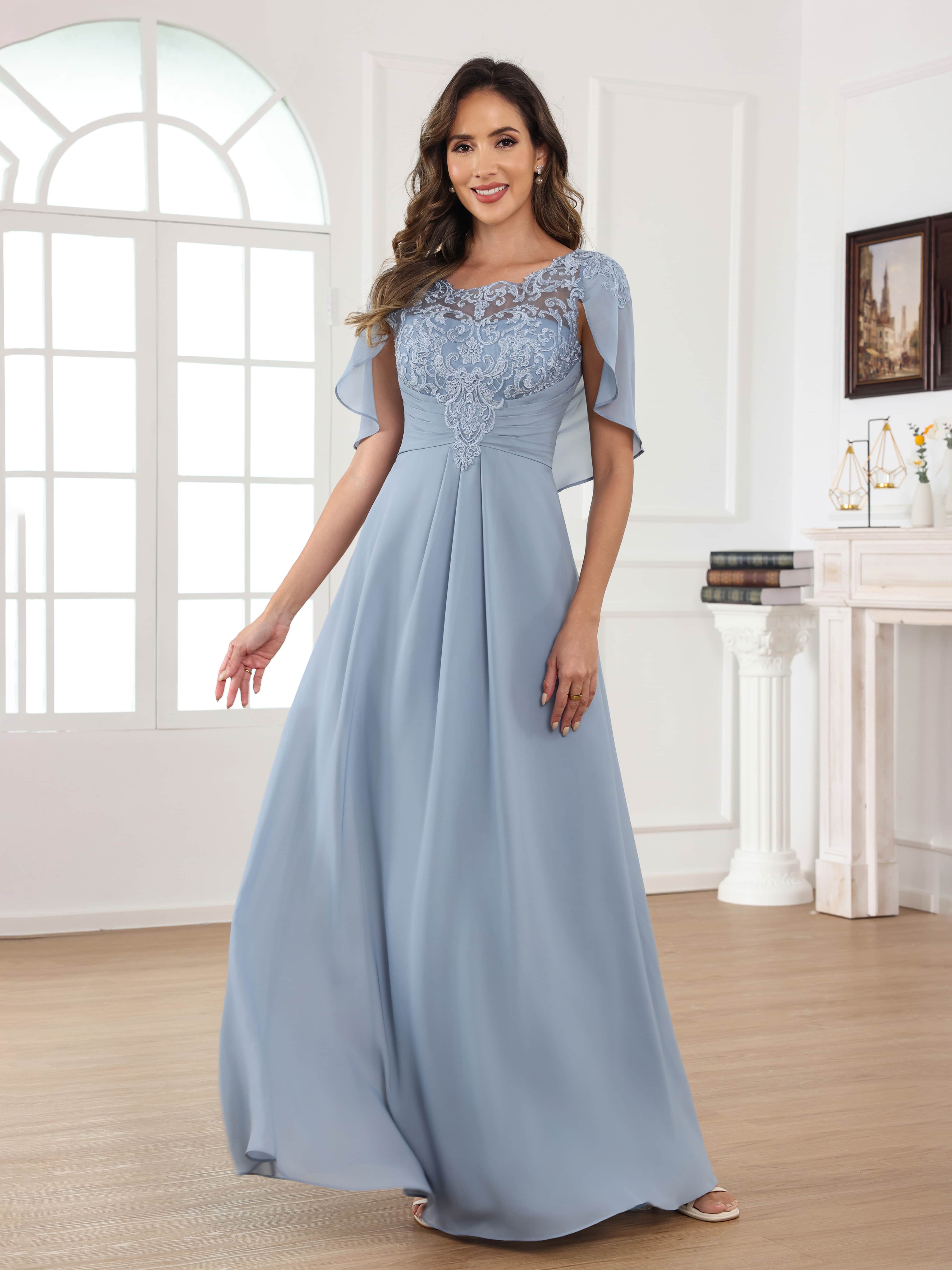 Robes Mère De La Mariée En Mousseline À Cape Illusion Appliqués Plissé Longue Aelithara