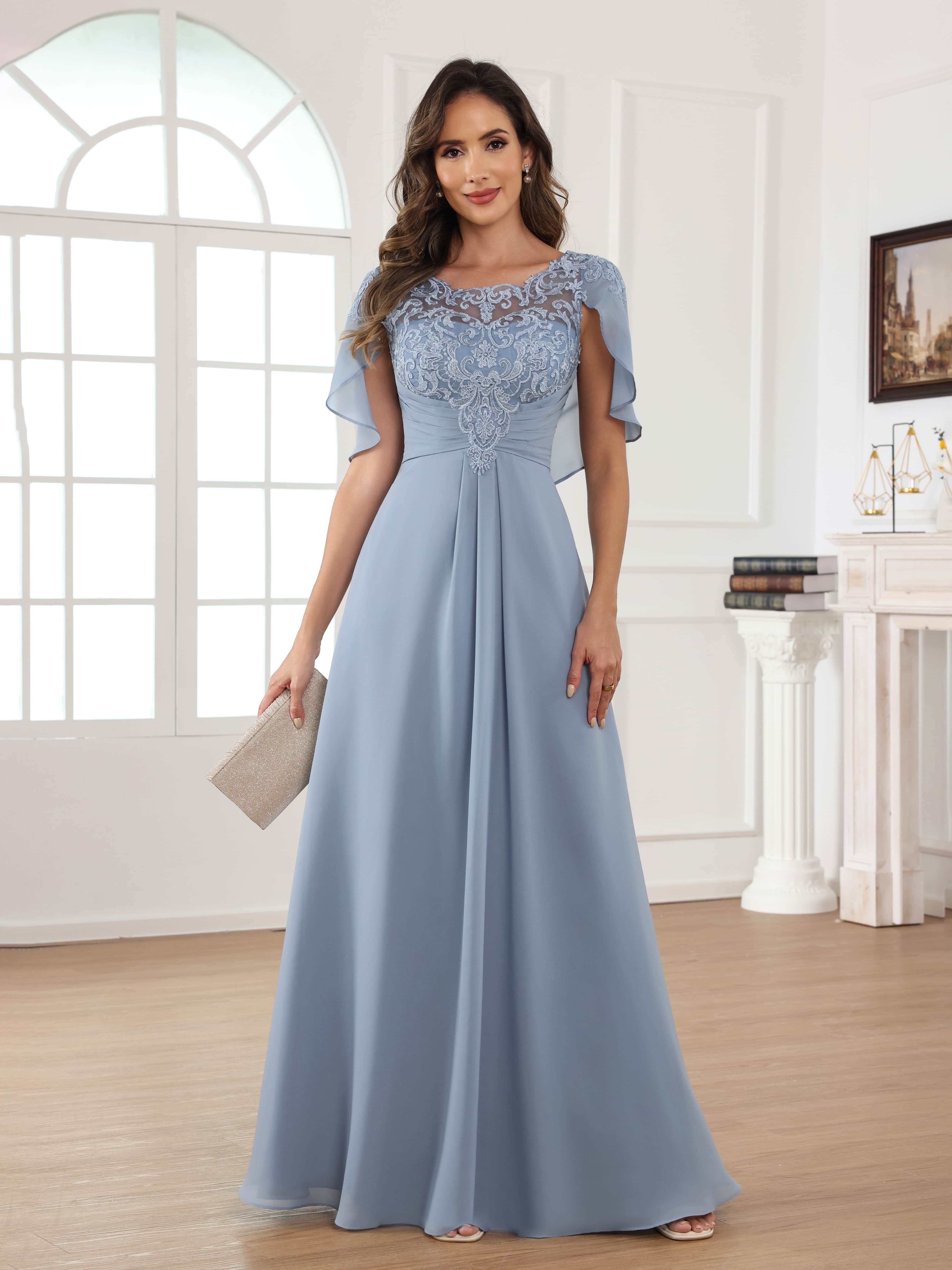 Robes Mère De La Mariée En Mousseline À Cape Illusion Appliqués Plissé Longue Aelithara