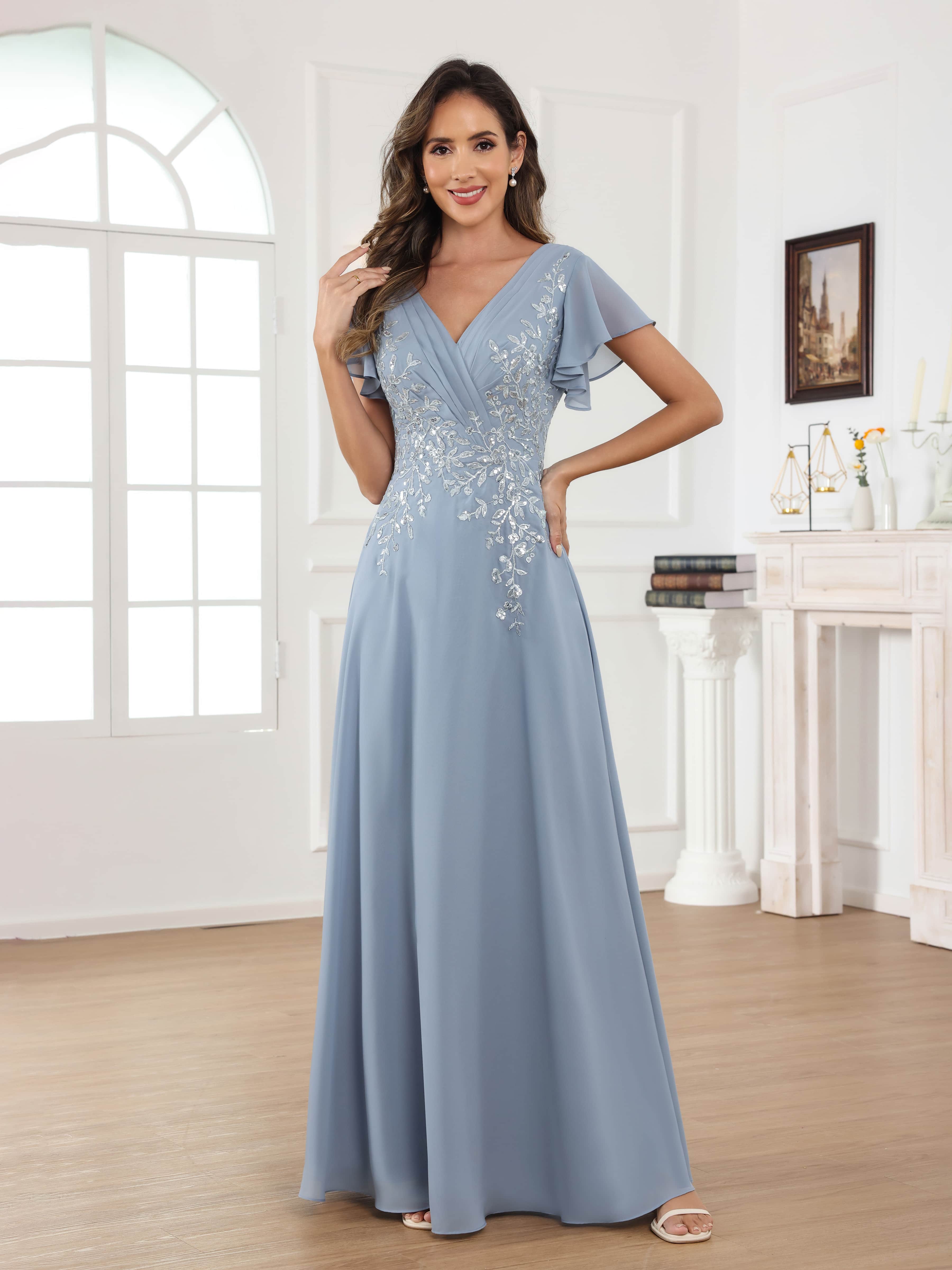 Robes Mère De La Mariée En Dentelle À Chic A-ligne Manches Courtes Ruché Paillettes Longue Fraelithara