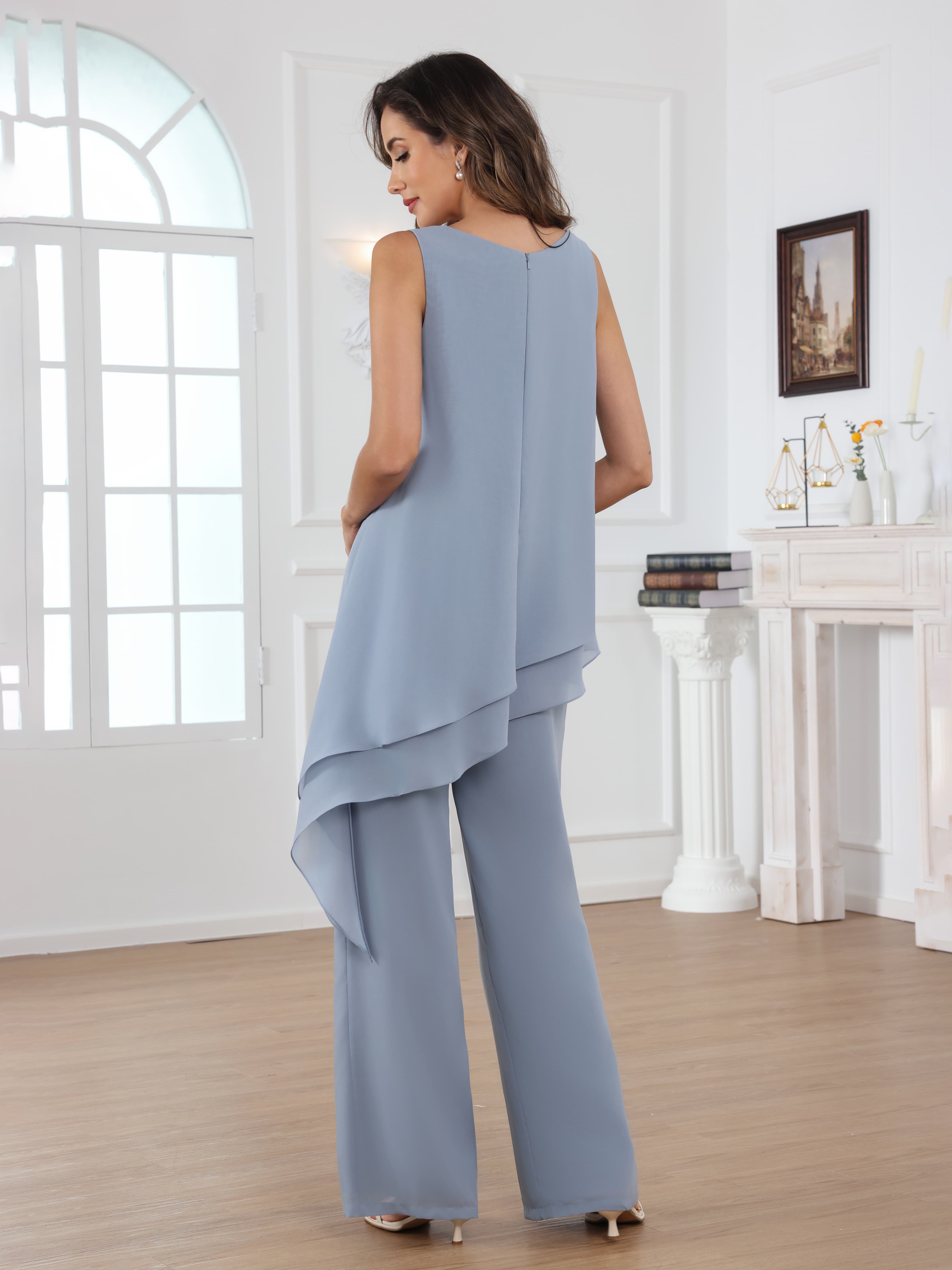 Ensemble Pantalon Mère De La Mariée En Mousseline À 3 pièces Col Rond Avec Veste Mraelithara