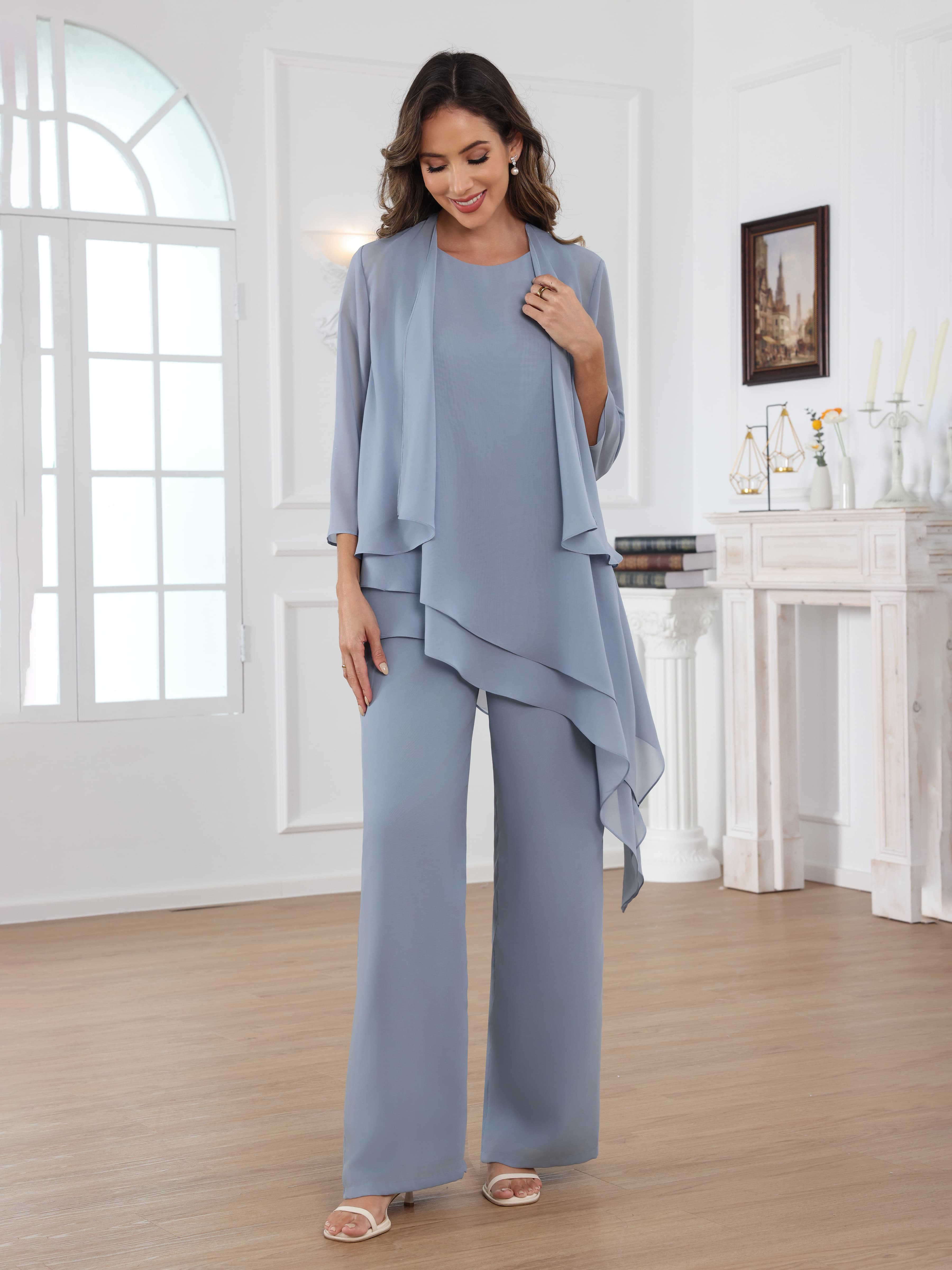 Ensemble Pantalon Mère De La Mariée En Mousseline À 3 pièces Col Rond Avec Veste Mraelithara