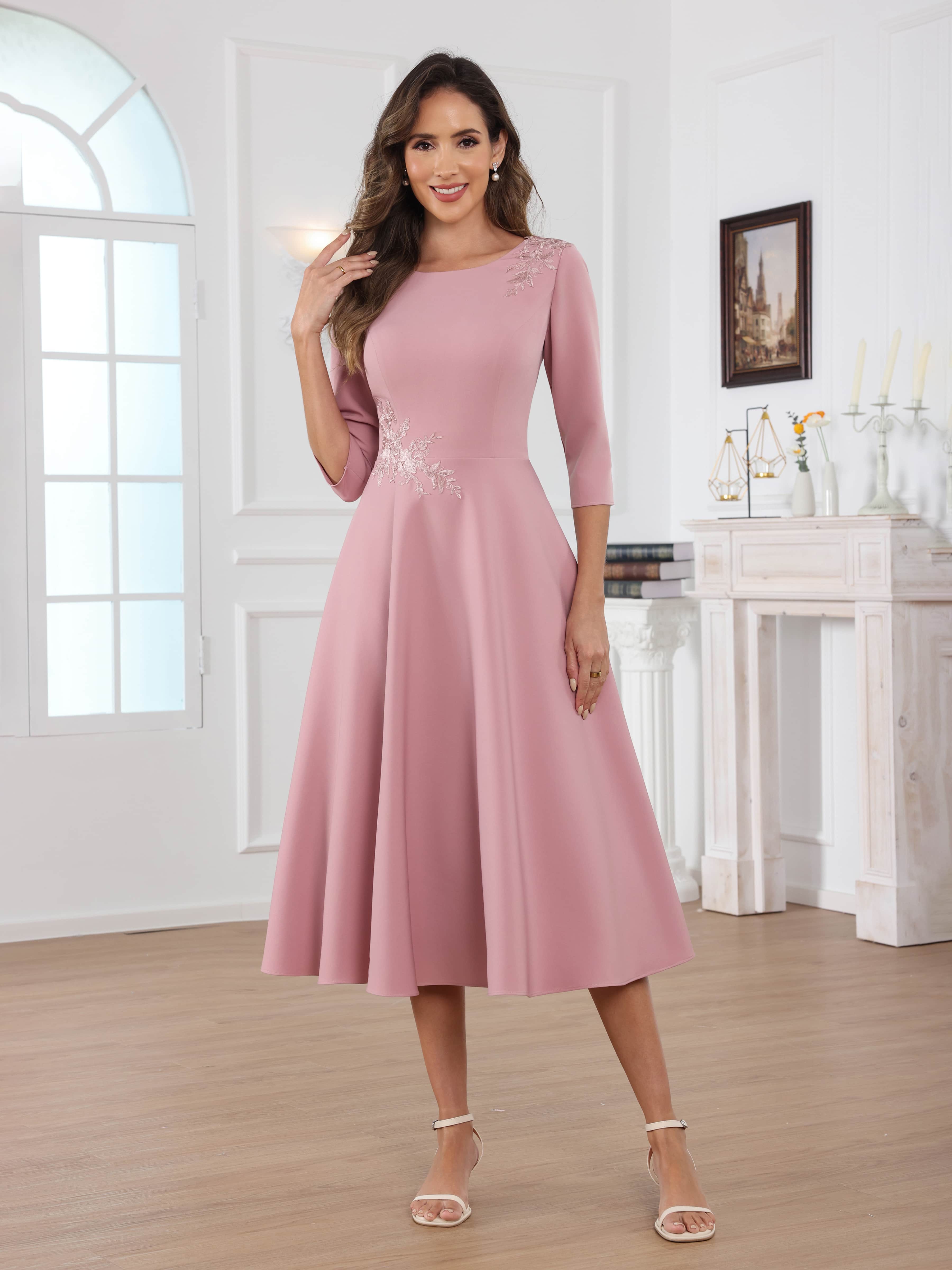 Robes Mère De La Mariée En Satin À Gracieuse Col Rond Longueur Thé Naelithara