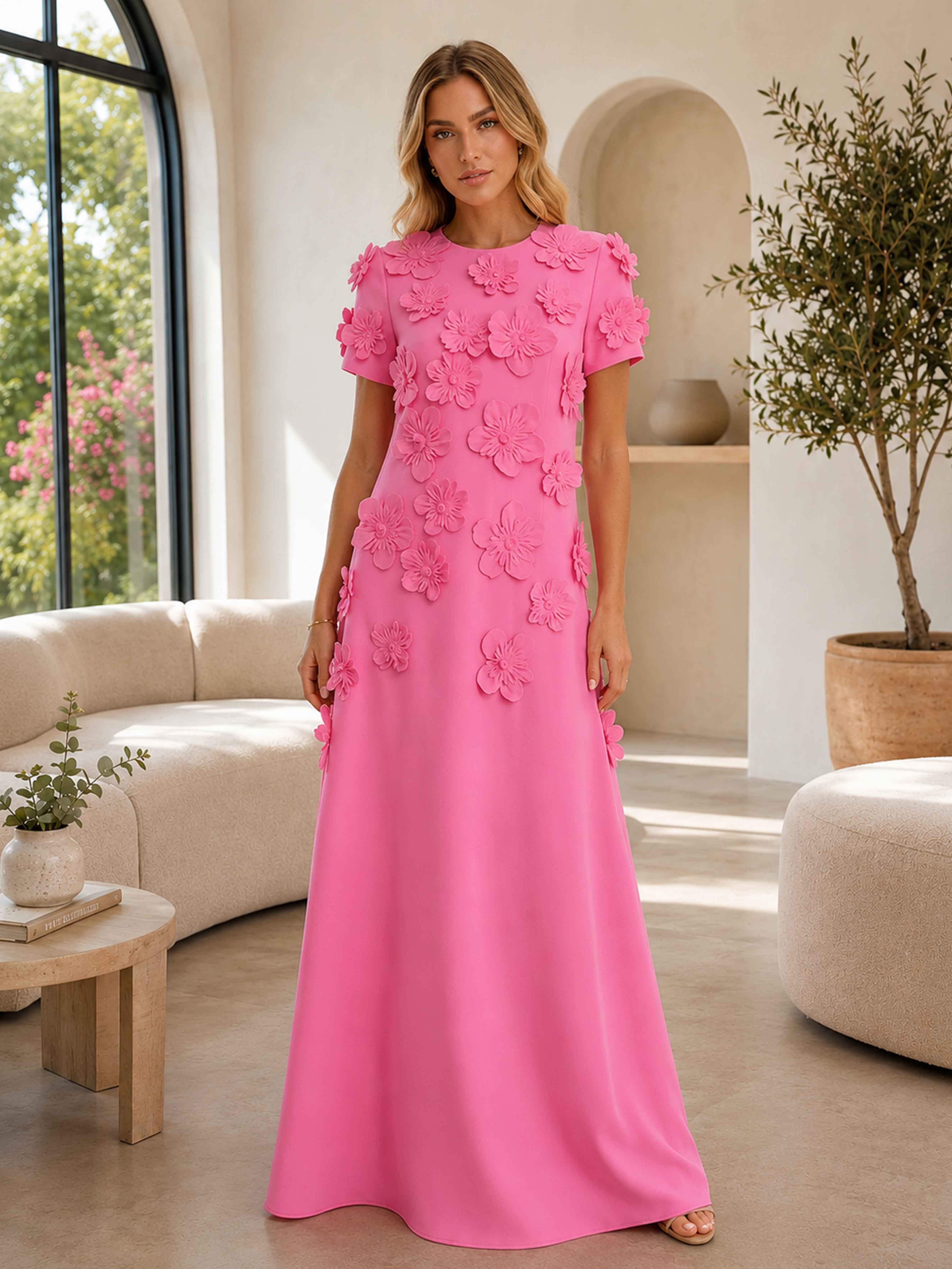 Robes De Soirée À Col Rond A-ligne Manches Courtes Appliqués Avec Des Fleurs En 3D Kalista