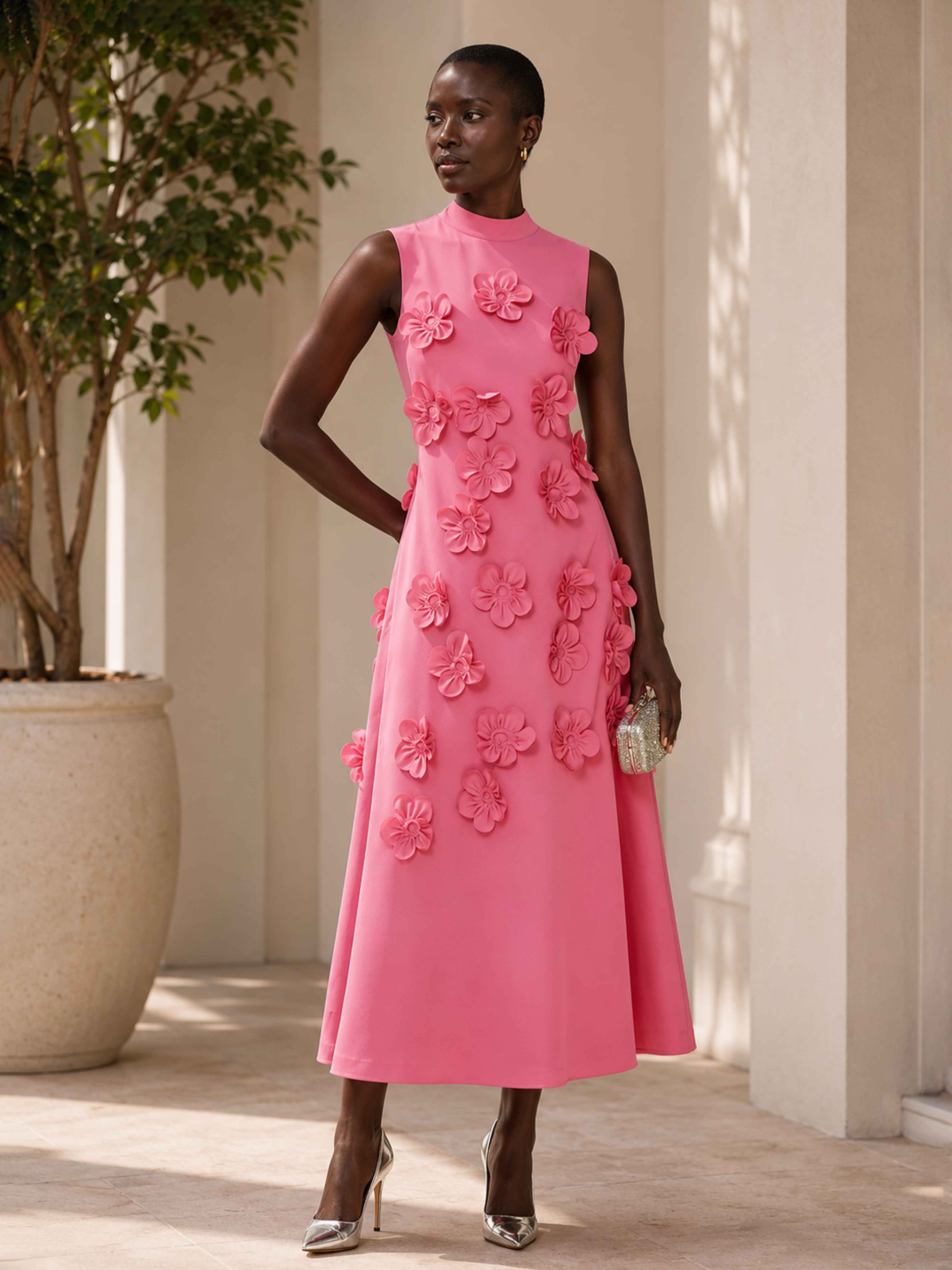 Robes De Cocktail À Col Montant Longueur Thé Avec Des Fleurs En 3D Zarela