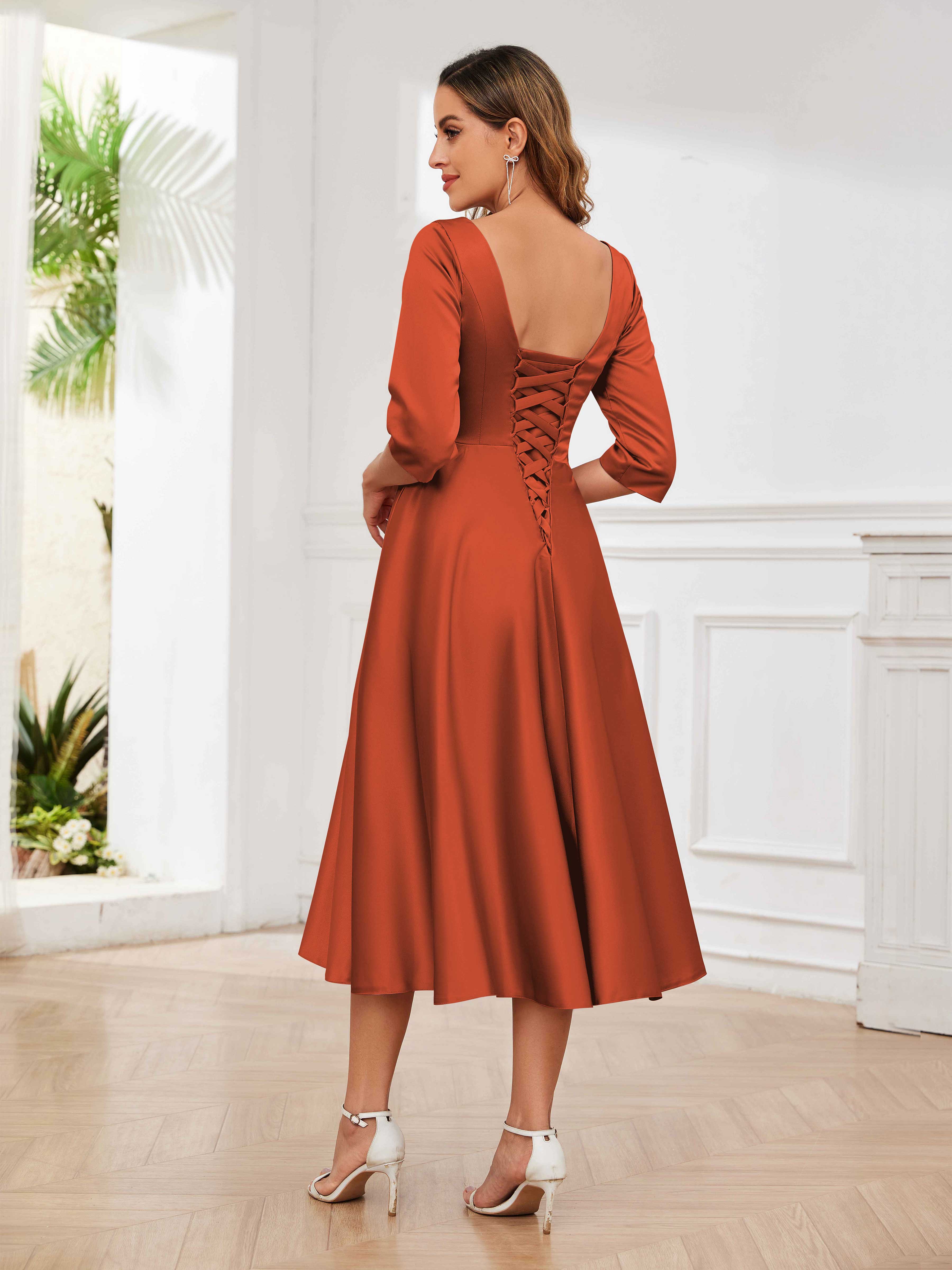 Robes Mère De La Mariée Midi En Satin À Ruché Demi Manches Avec Poches Miranda