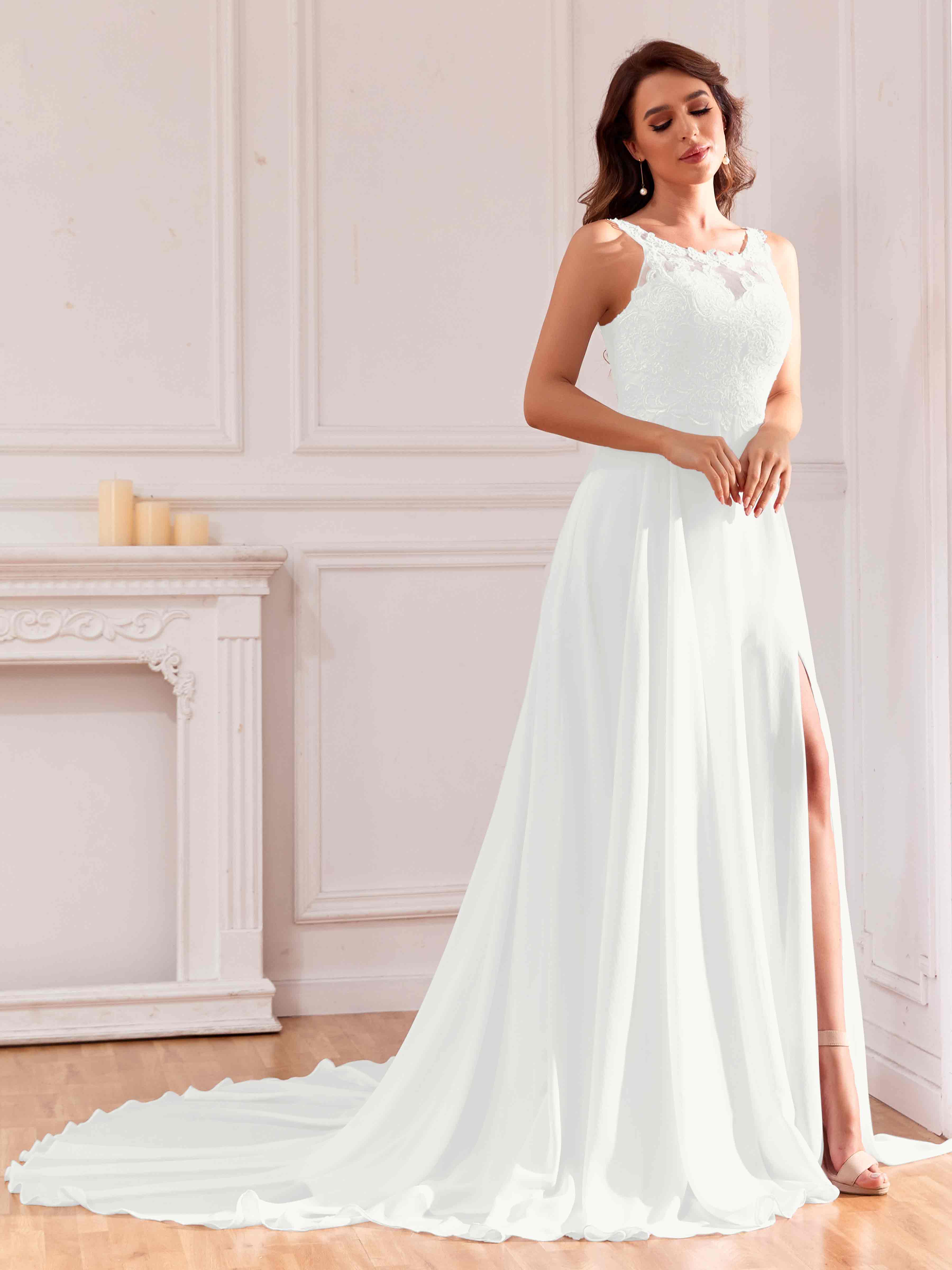 Robe De Mariée En Mousseline Fente À Jambe Avec Appliques Illusion Athena