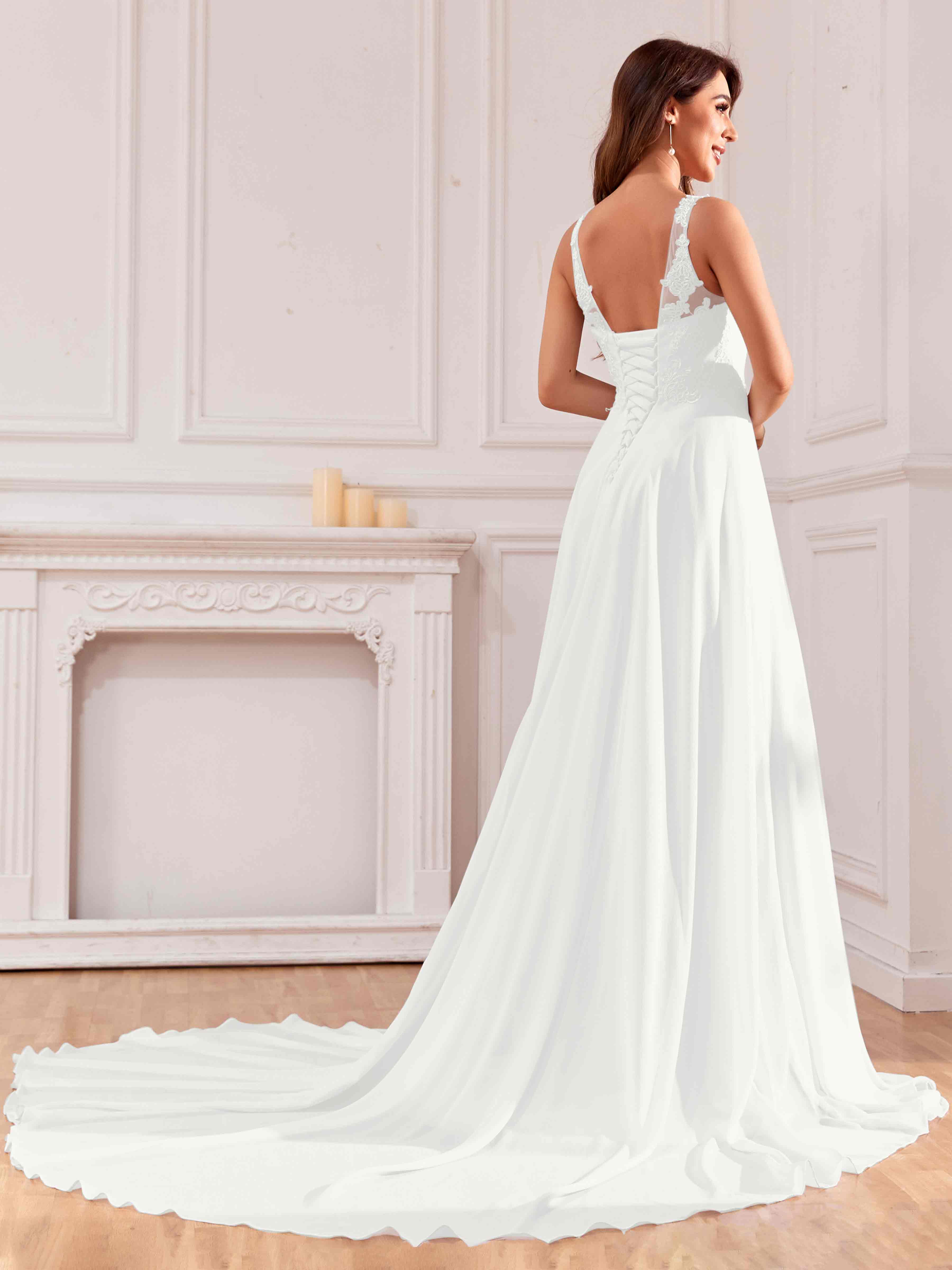 Robe De Mariée En Mousseline Fente À Jambe Avec Appliques Illusion Athena