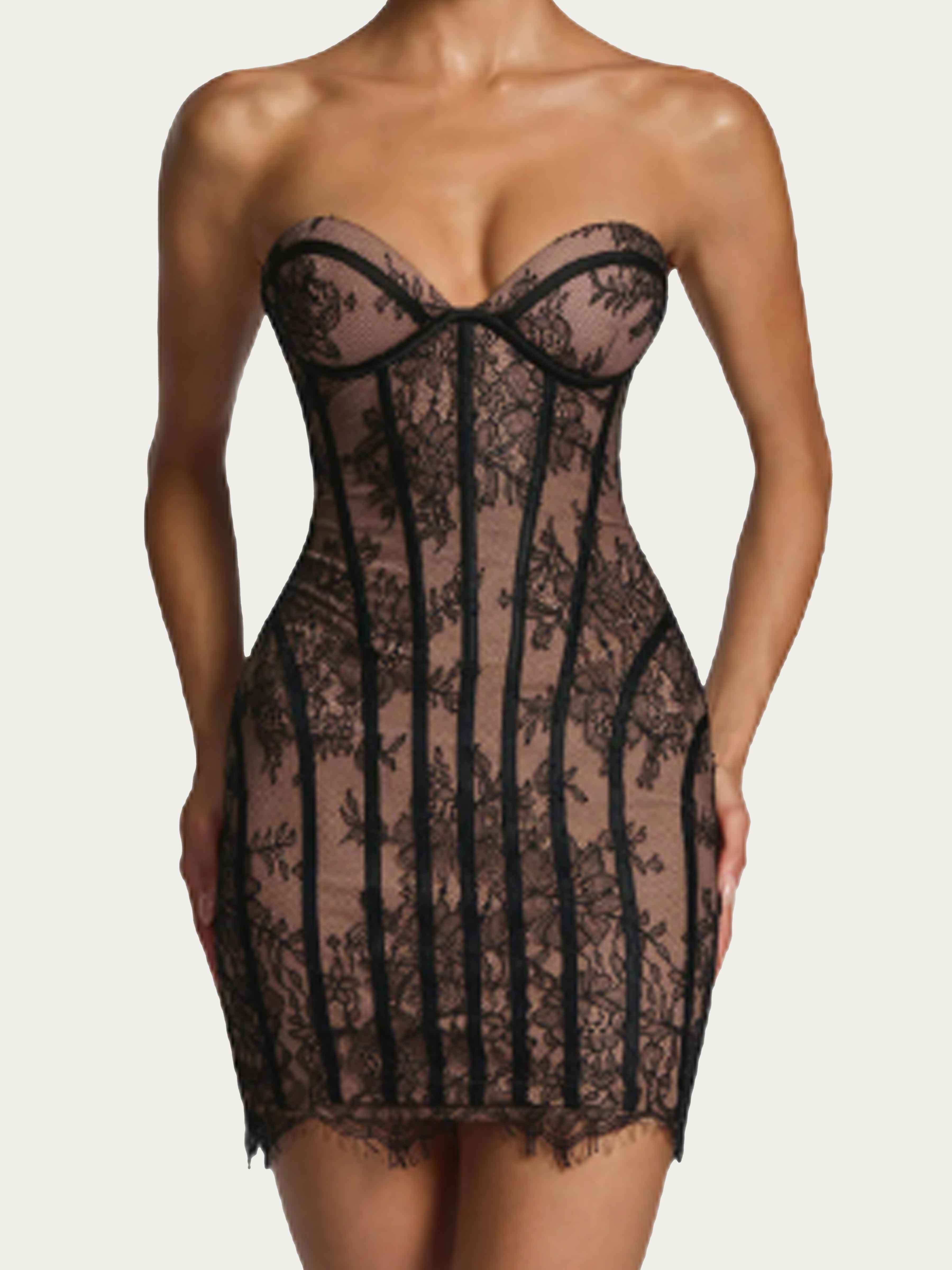 Robes De Soirée Courtes élégantes En Dentelle Florale Contrastée Sans Bretelles Saelithara
