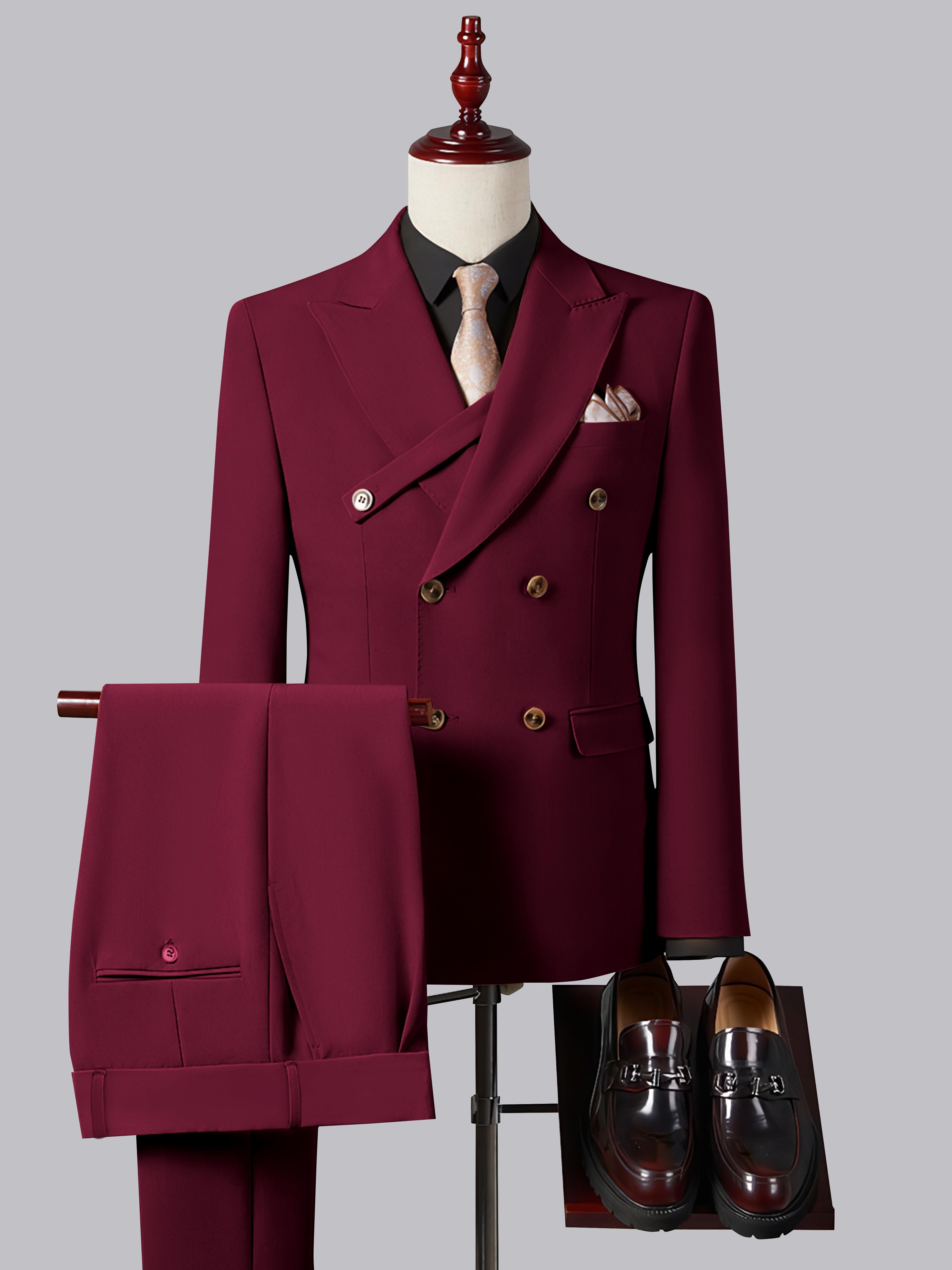 Costume Homme Ajusté Élégant Double Boutonnage Ceinturé À Revers Pointus 2 Pièces