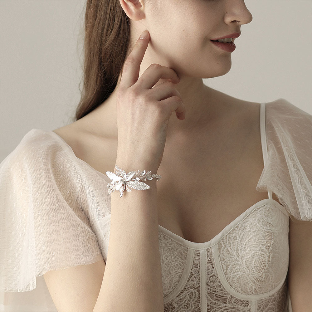 Bracelet De Mariage Feuilles Argentées