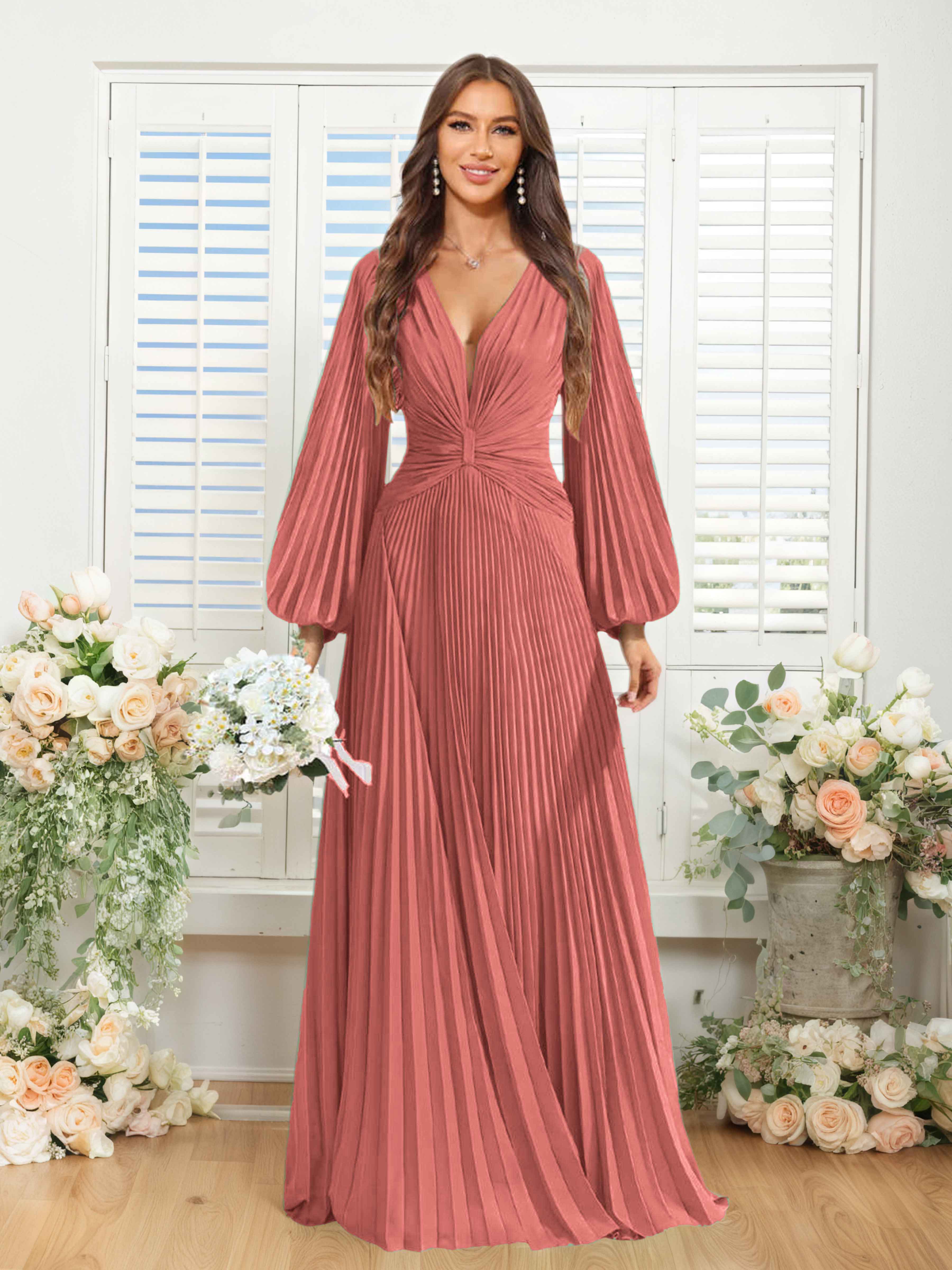 Robes De Demoiselle D'Honneur En Mousseline À Col V Ruché Longue Nerys