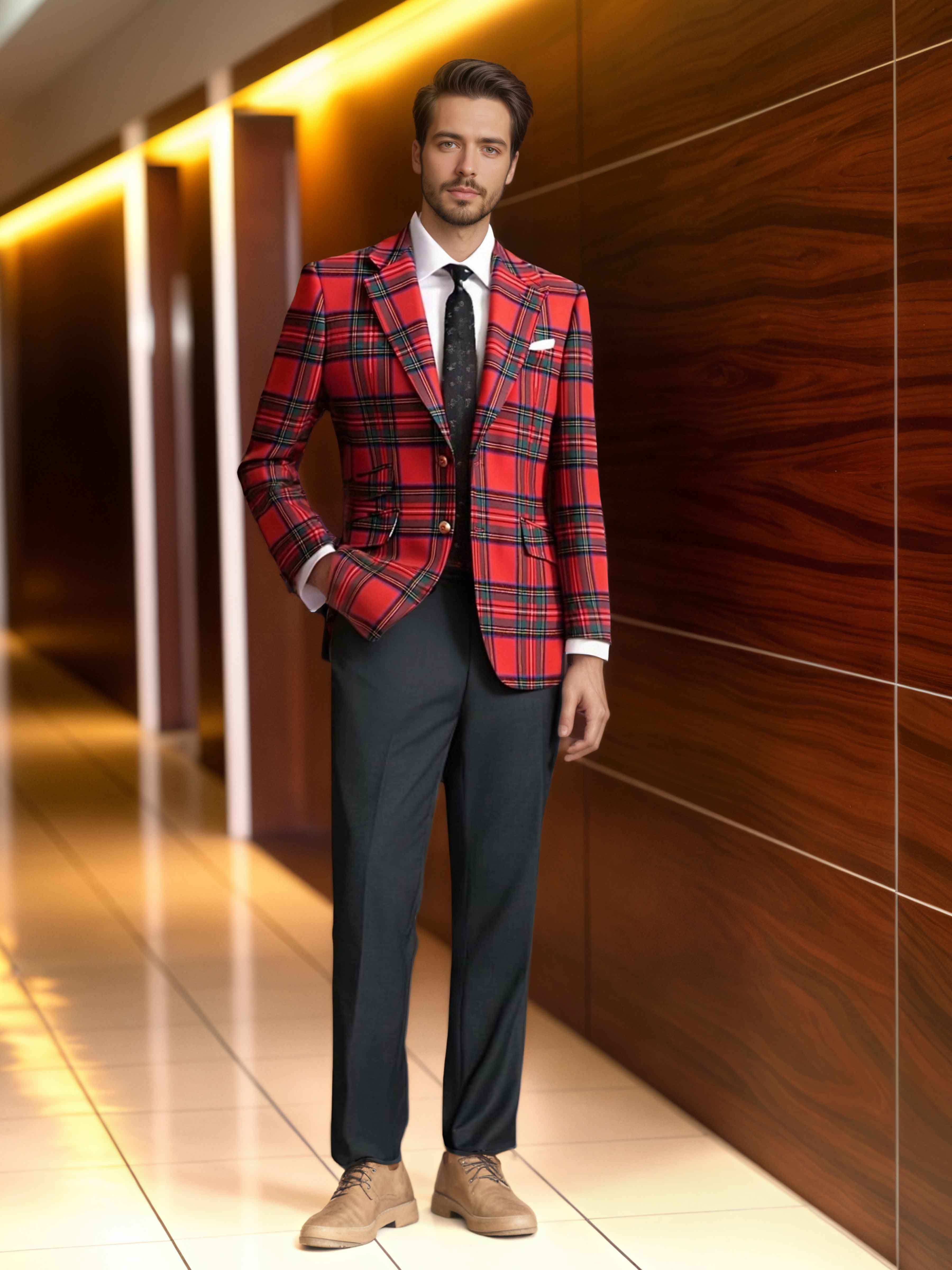Costume Homme 2 Pièces À Revers Crantés Deux Boutons À Carreaux Pour Bal De Promo