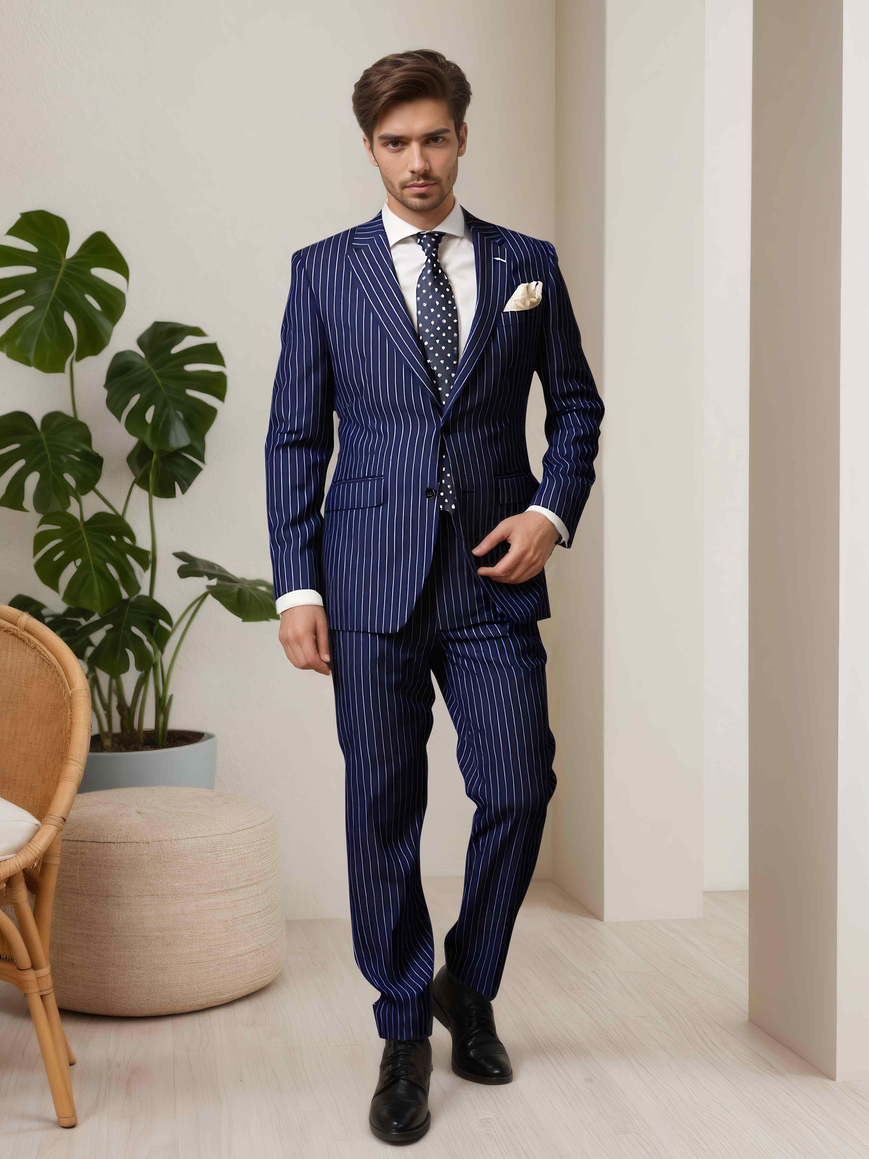 Costume Homme 2 Pièces À Revers Cranté Rayé Pour Invité & Réunion Professionnelle