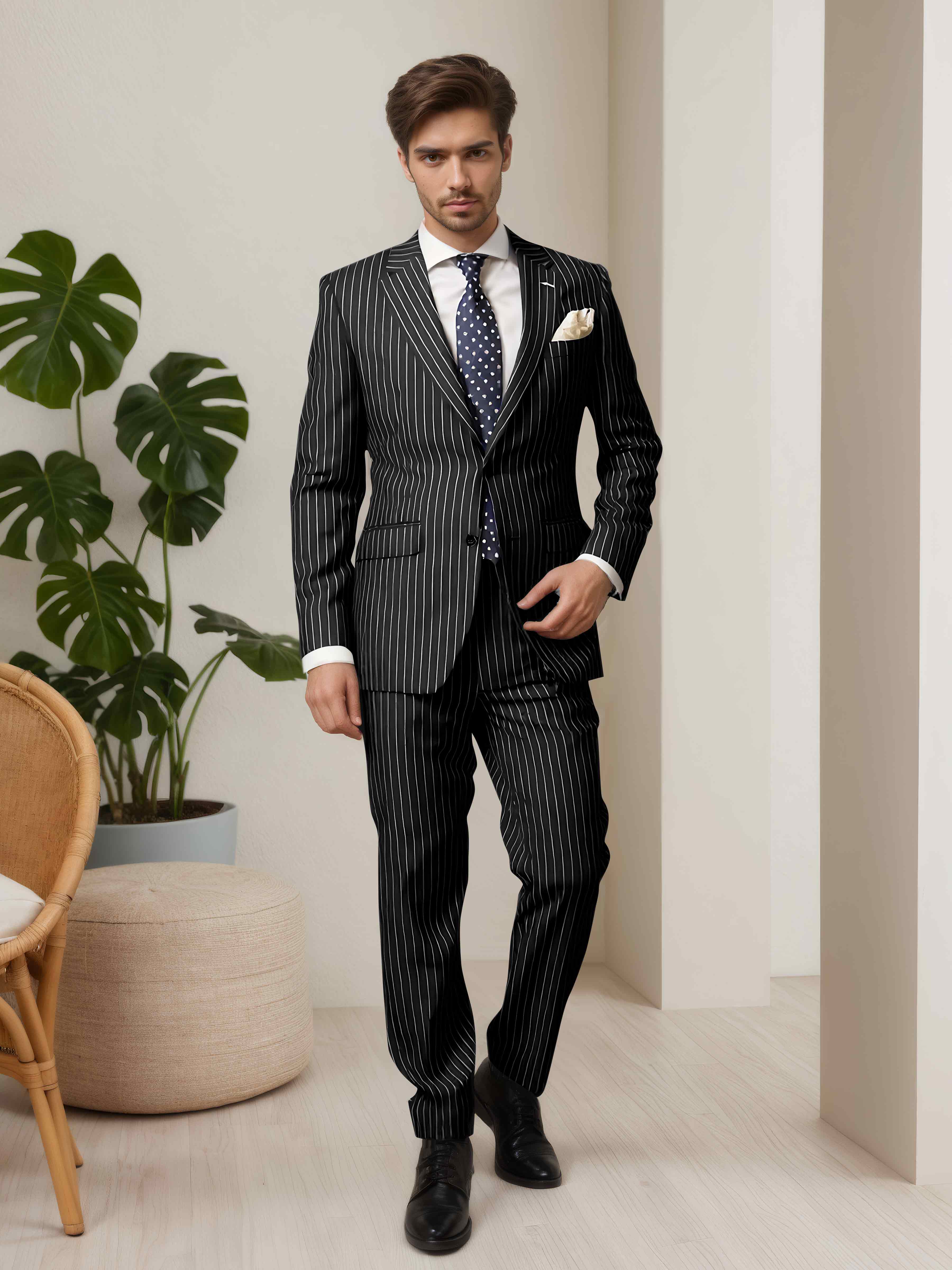 Costume Homme 2 Pièces À Revers Cranté Rayé Pour Invité & Réunion Professionnelle