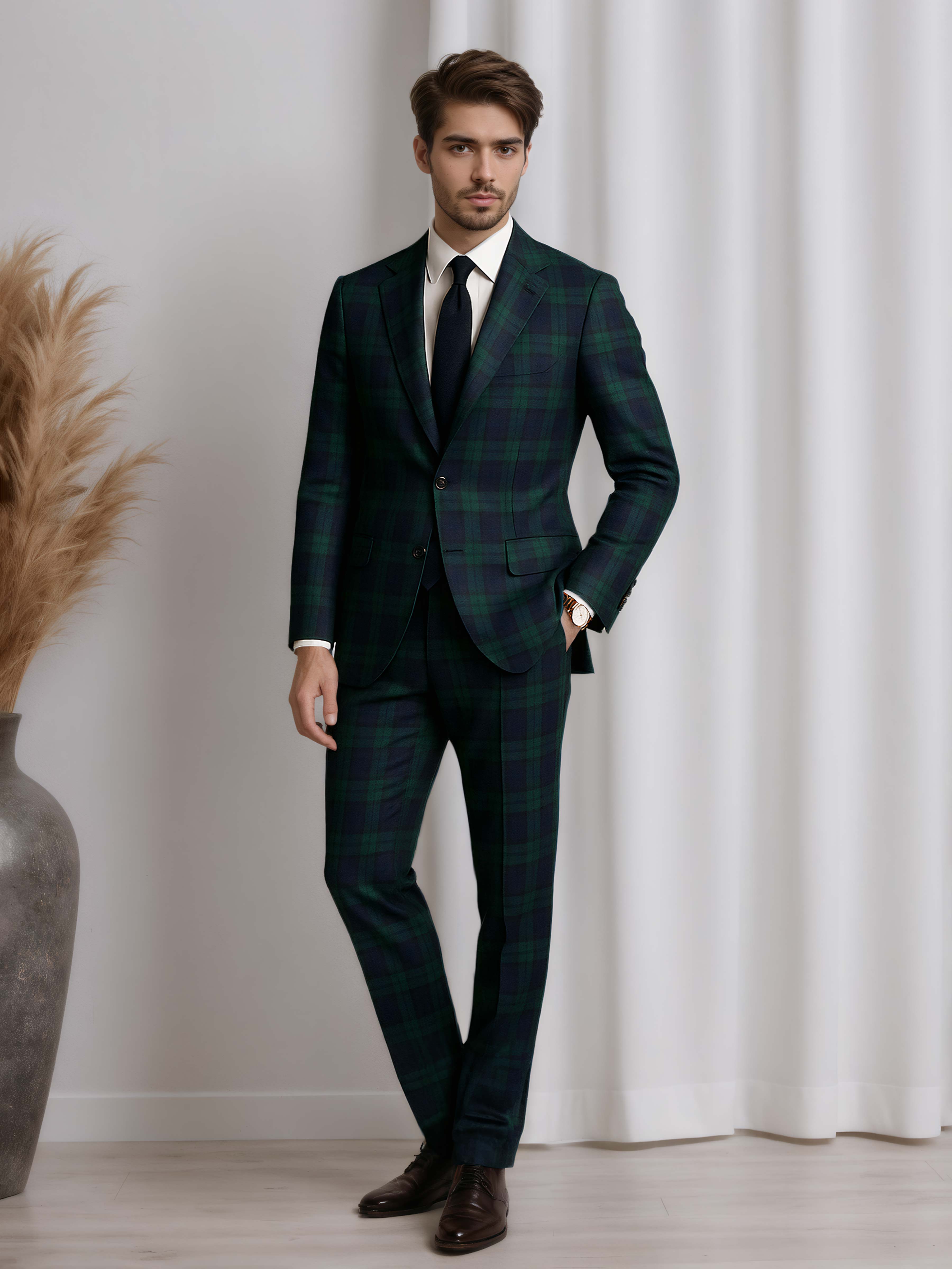 Costume Homme 3 Pièces À Carreaux Bleu Vert À Revers Crantés Élégant
