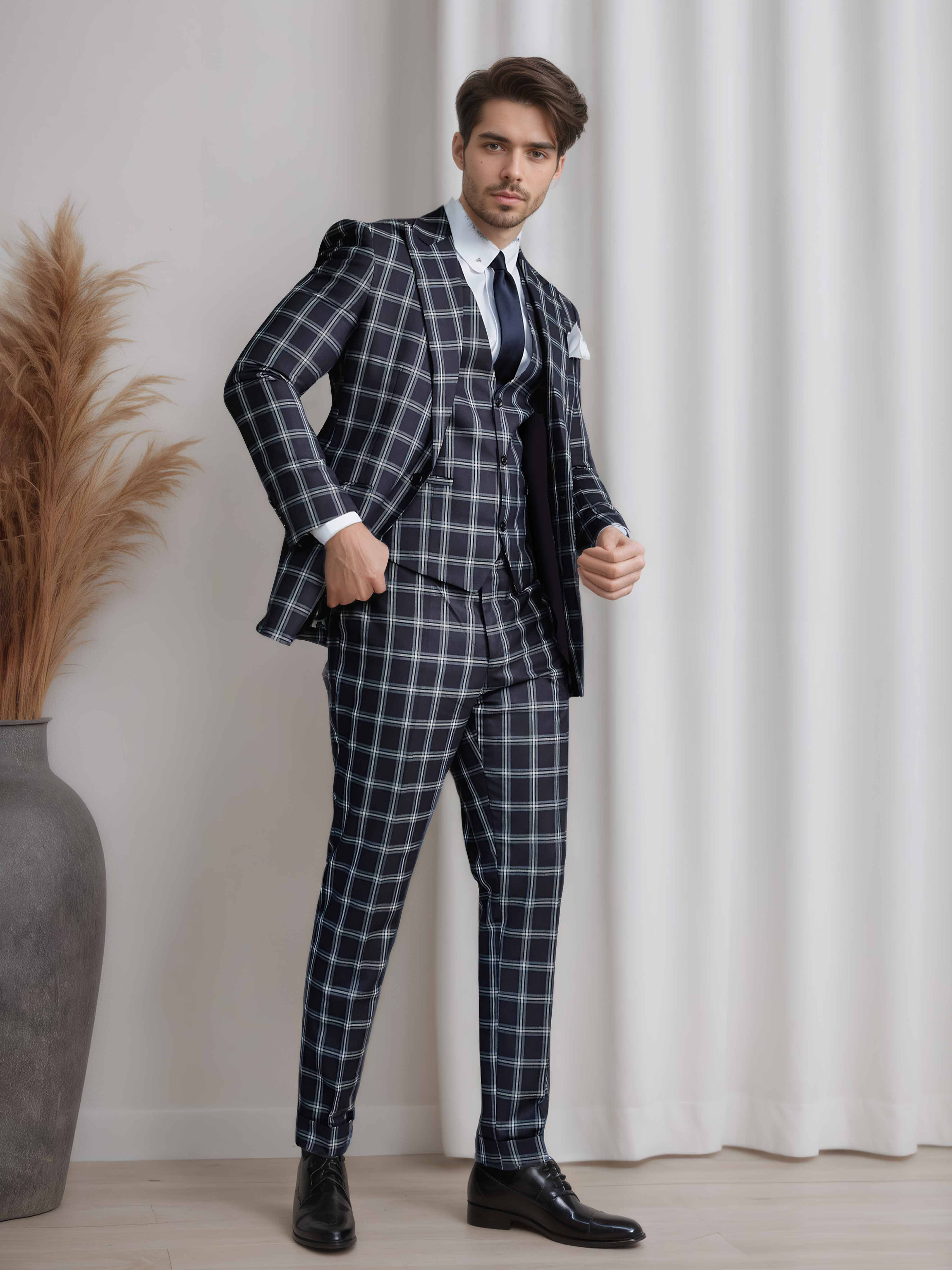 Costume Homme 3 Pièces À Revers En Pointe À Carreaux Et Pied-De-Poule Chic