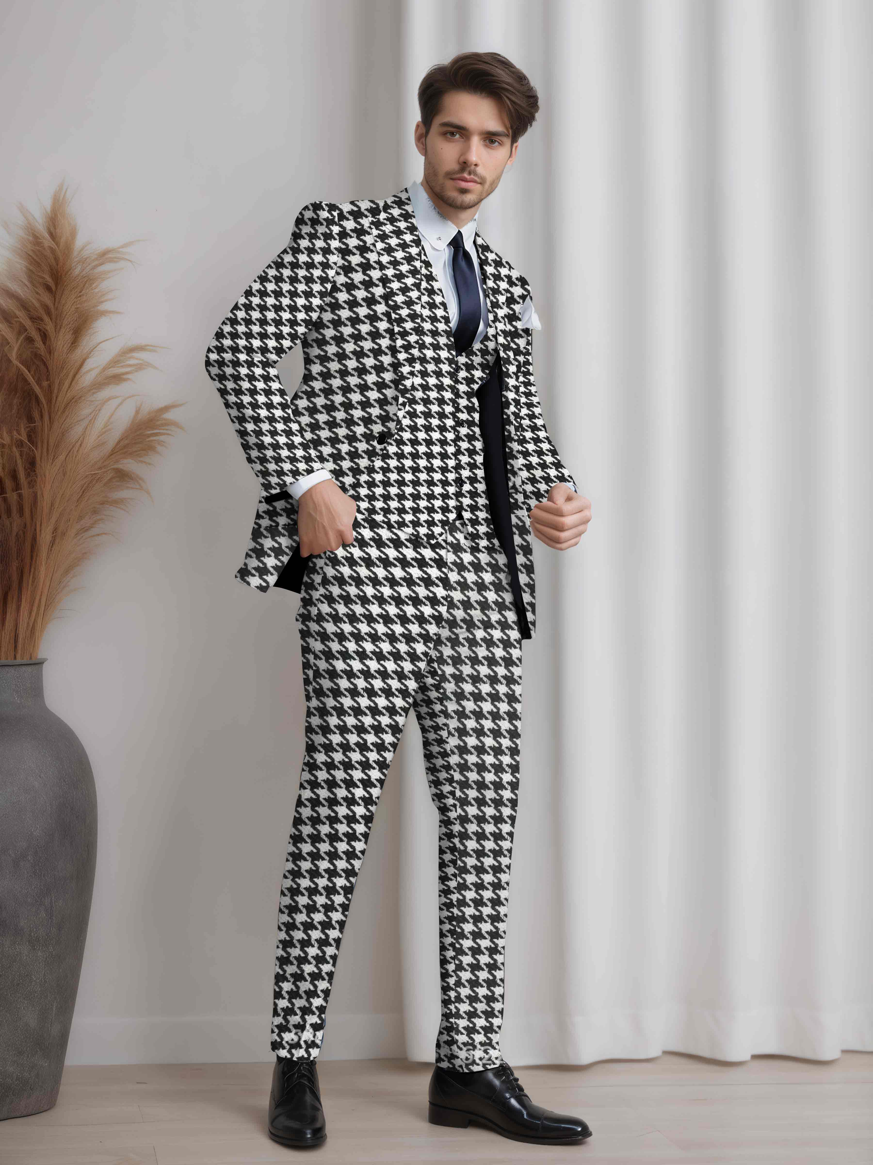 Costume Homme 3 Pièces À Revers En Pointe À Carreaux Et Pied-De-Poule Chic