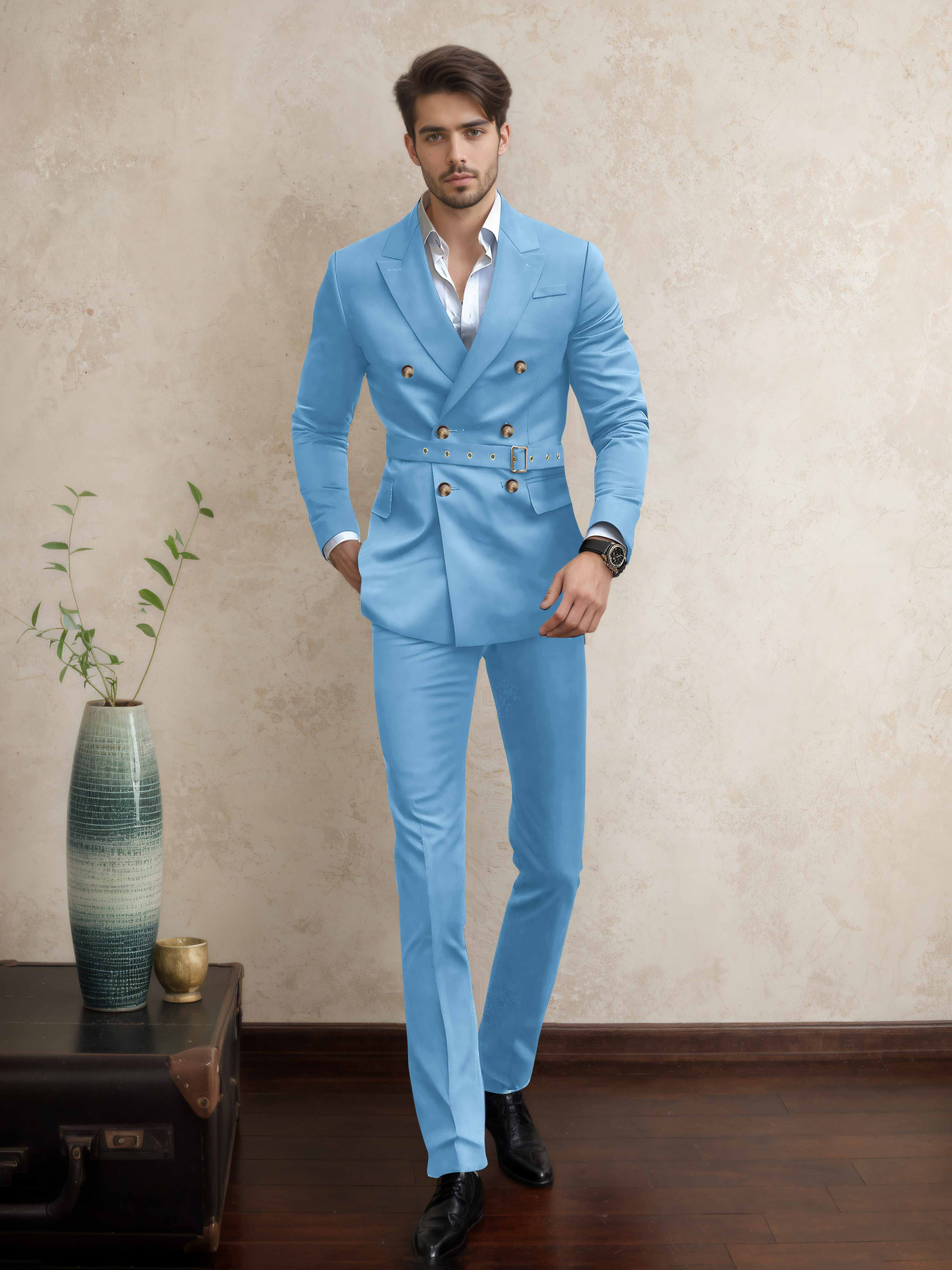 Costume Homme Double Boutonnage Ceinturé À Revers Pointus 2 Pièces Décontracté