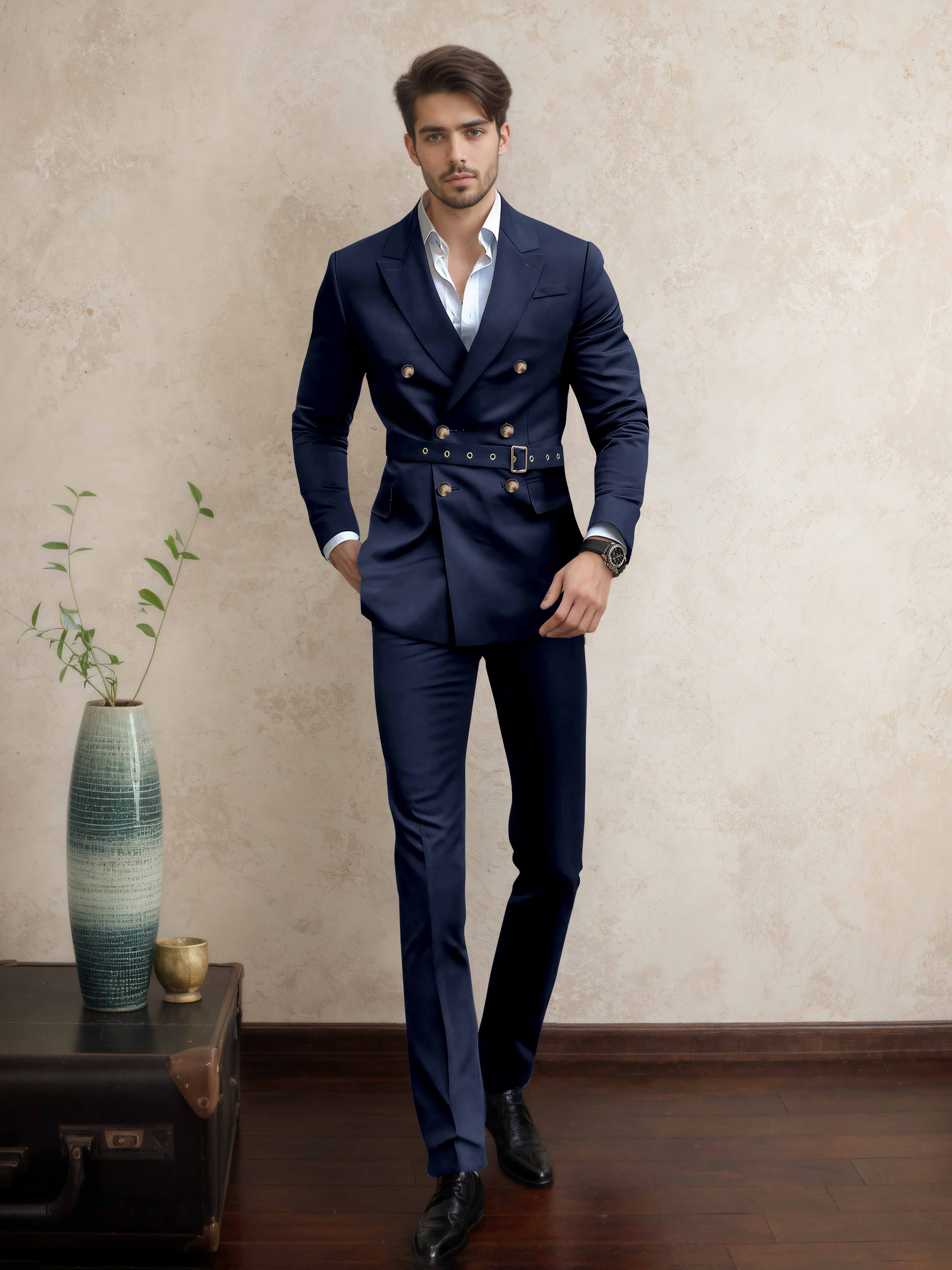 Costume Homme Double Boutonnage Ceinturé À Revers Pointus 2 Pièces Décontracté