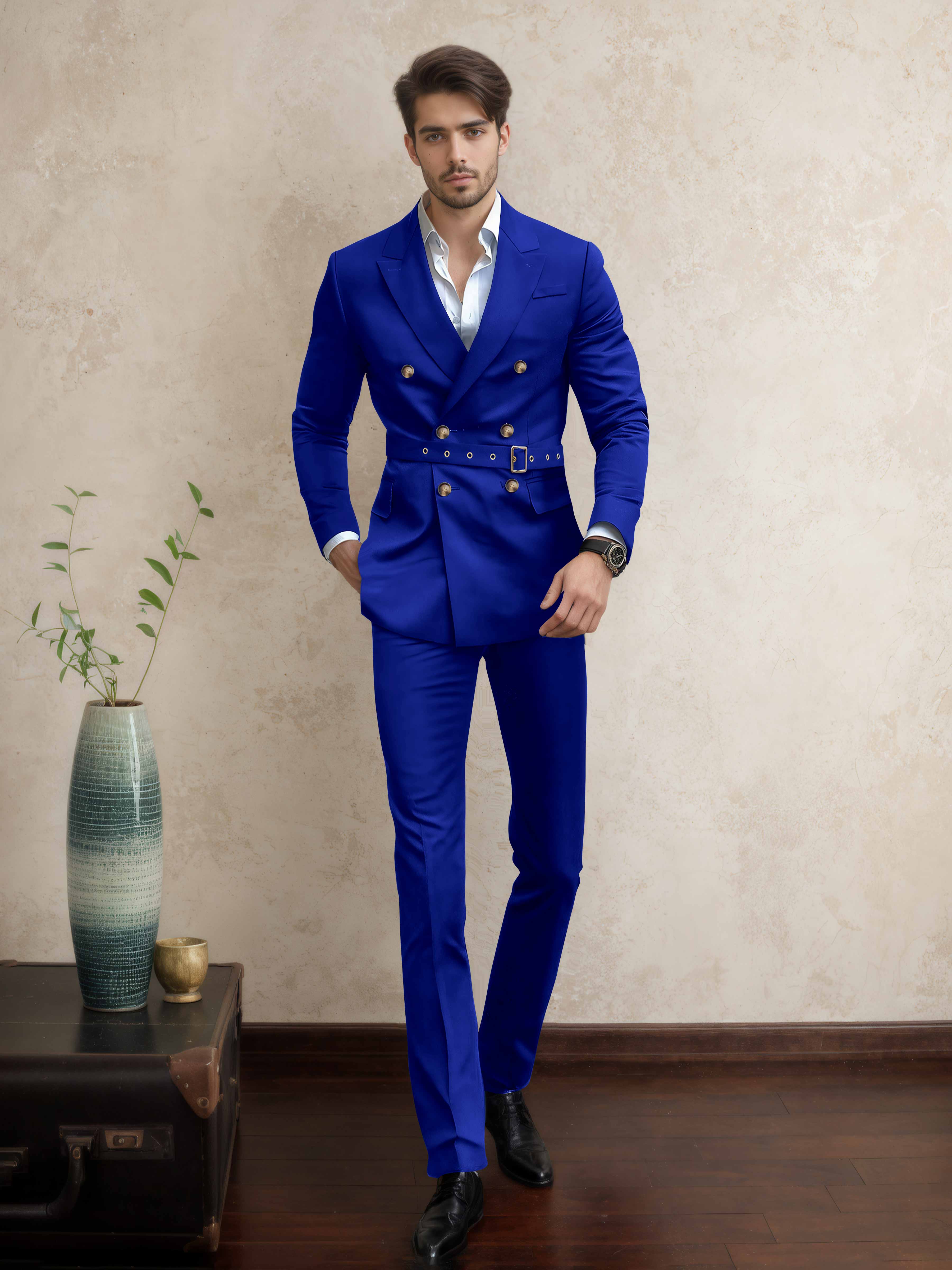 Costume Homme Double Boutonnage Ceinturé À Revers Pointus 2 Pièces Décontracté