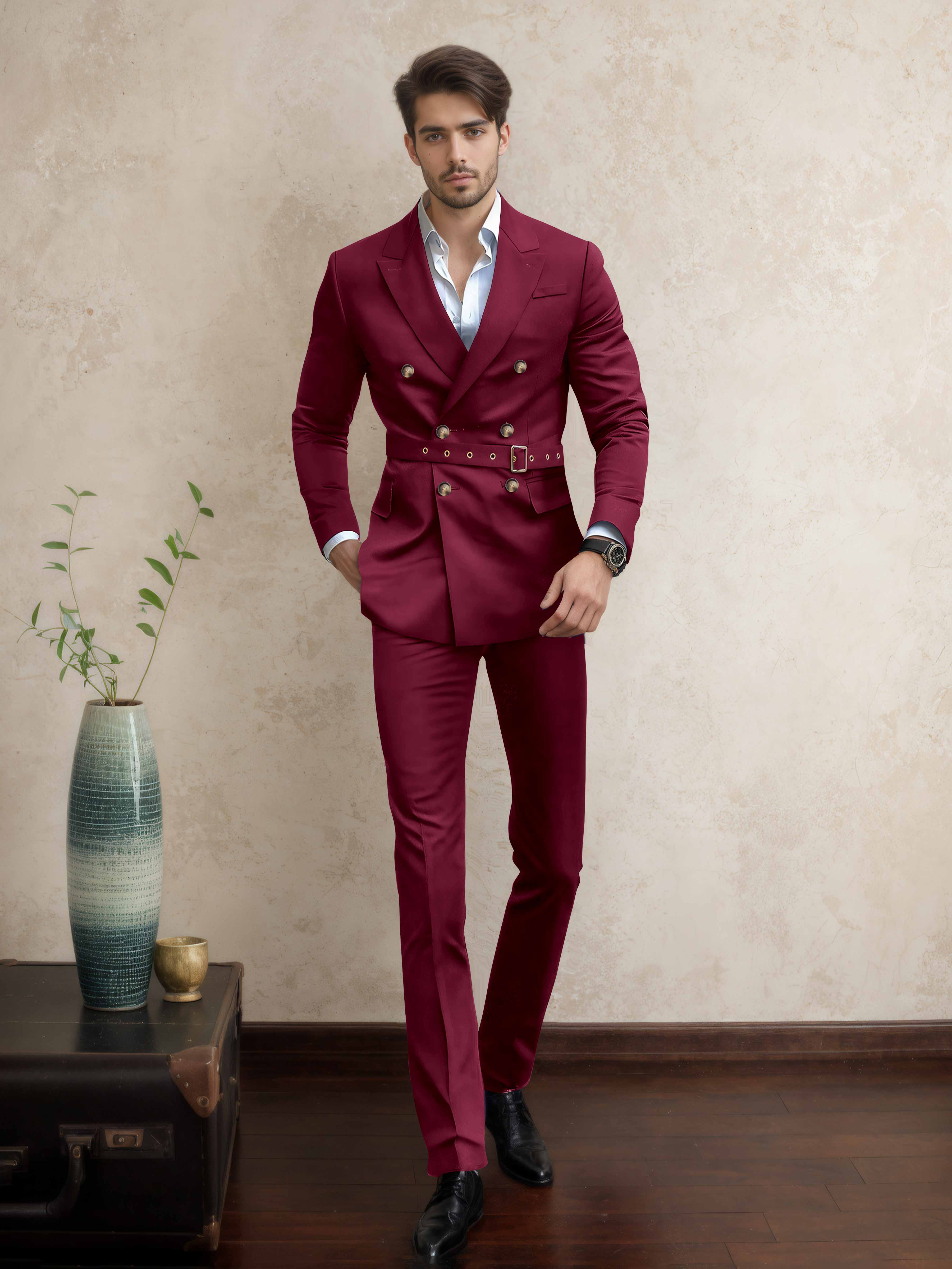 Costume Homme Double Boutonnage Ceinturé À Revers Pointus 2 Pièces Décontracté