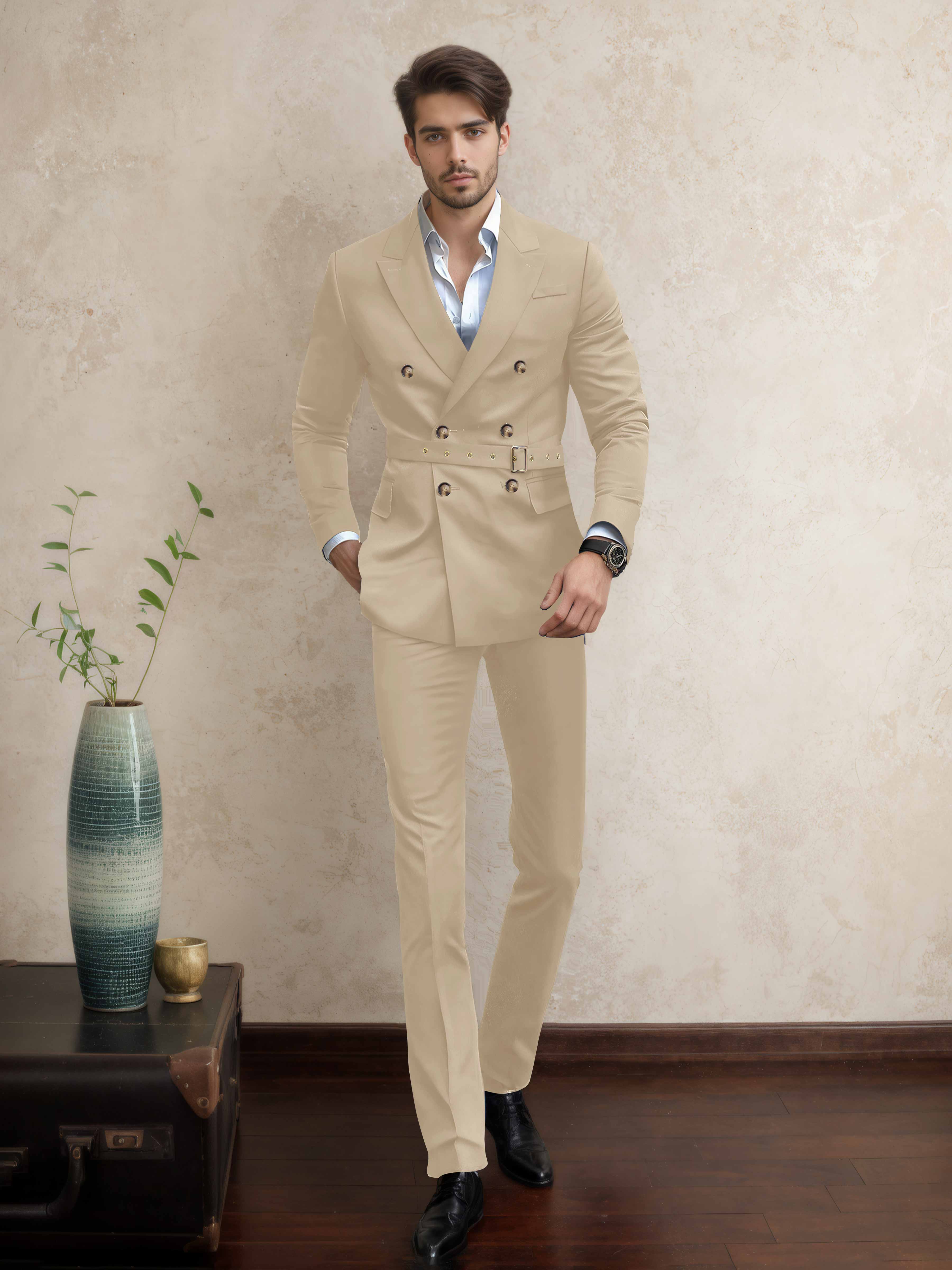 Costume Homme Double Boutonnage Ceinturé À Revers Pointus 2 Pièces Décontracté