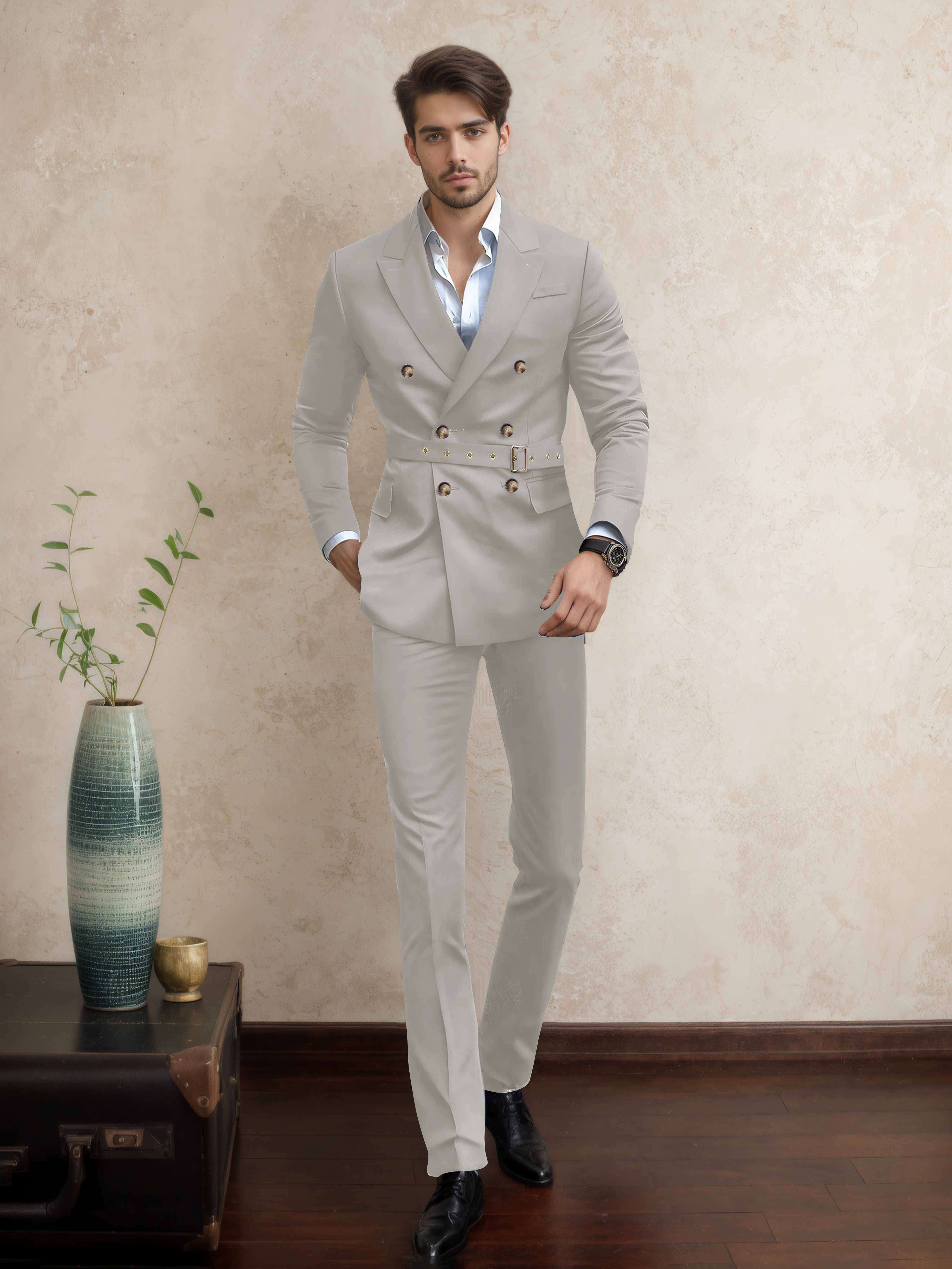 Costume Homme Double Boutonnage Ceinturé À Revers Pointus 2 Pièces Décontracté