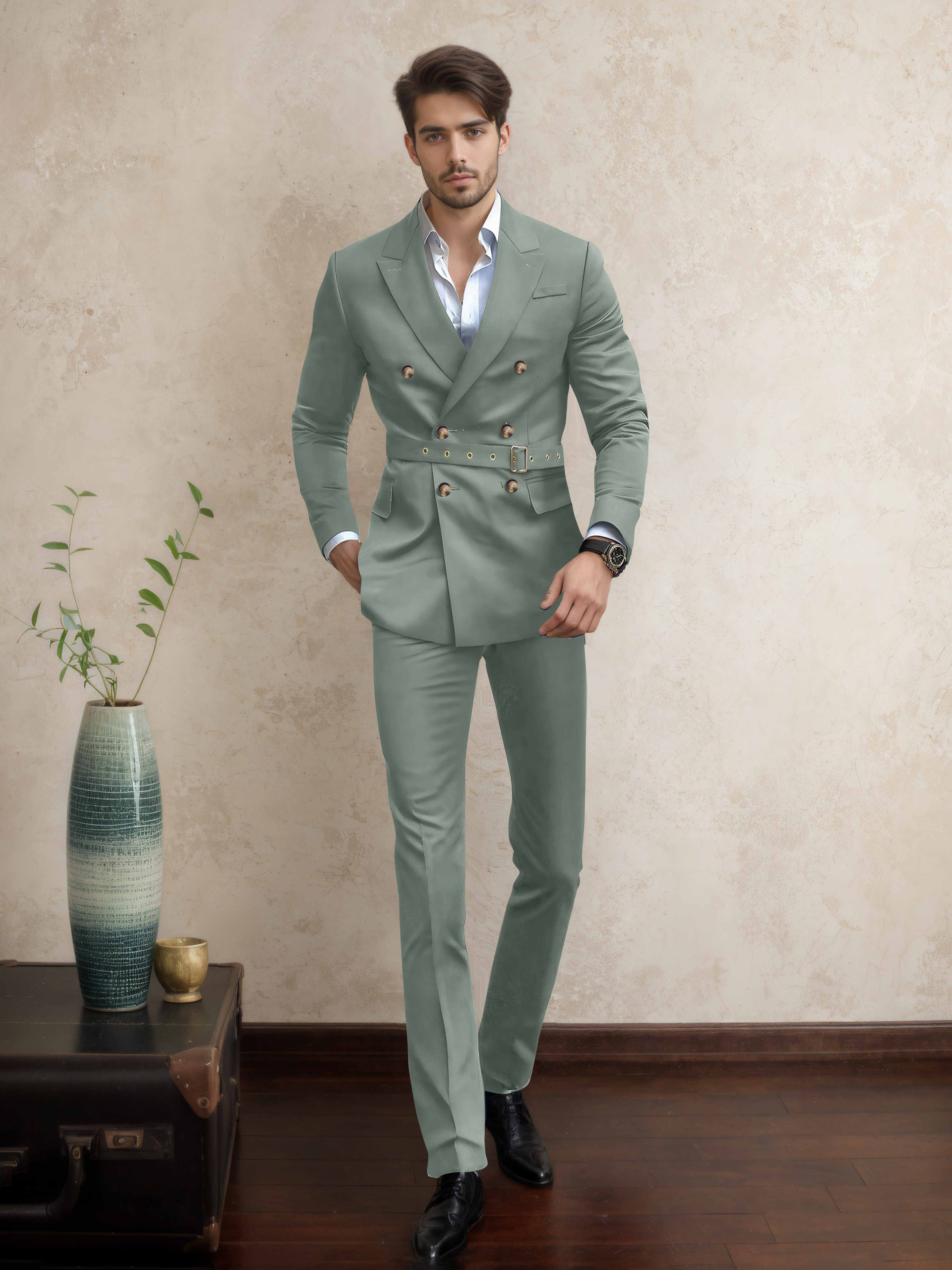 Costume Homme Double Boutonnage Ceinturé À Revers Pointus 2 Pièces Décontracté