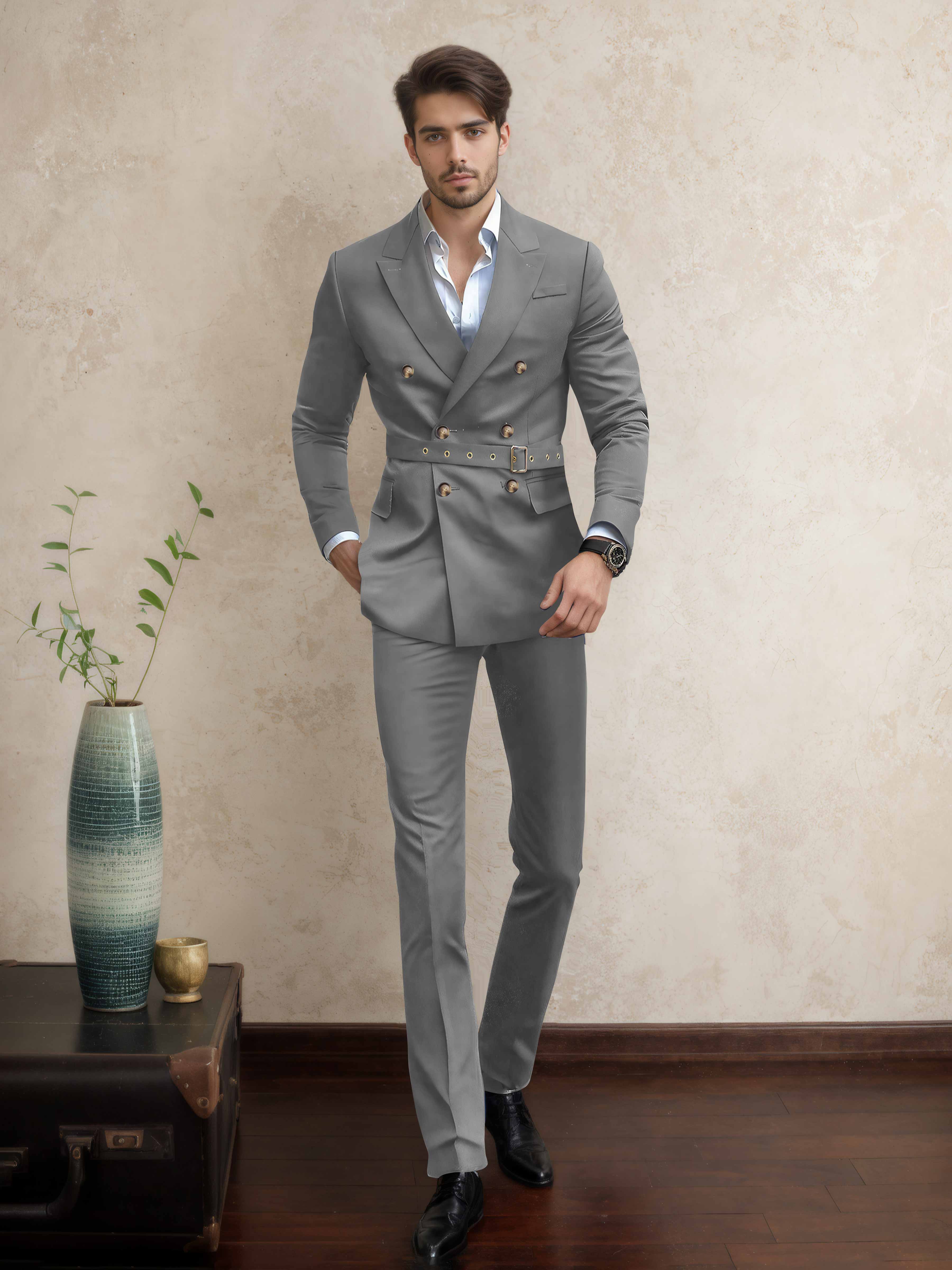 Costume Homme Double Boutonnage Ceinturé À Revers Pointus 2 Pièces Décontracté