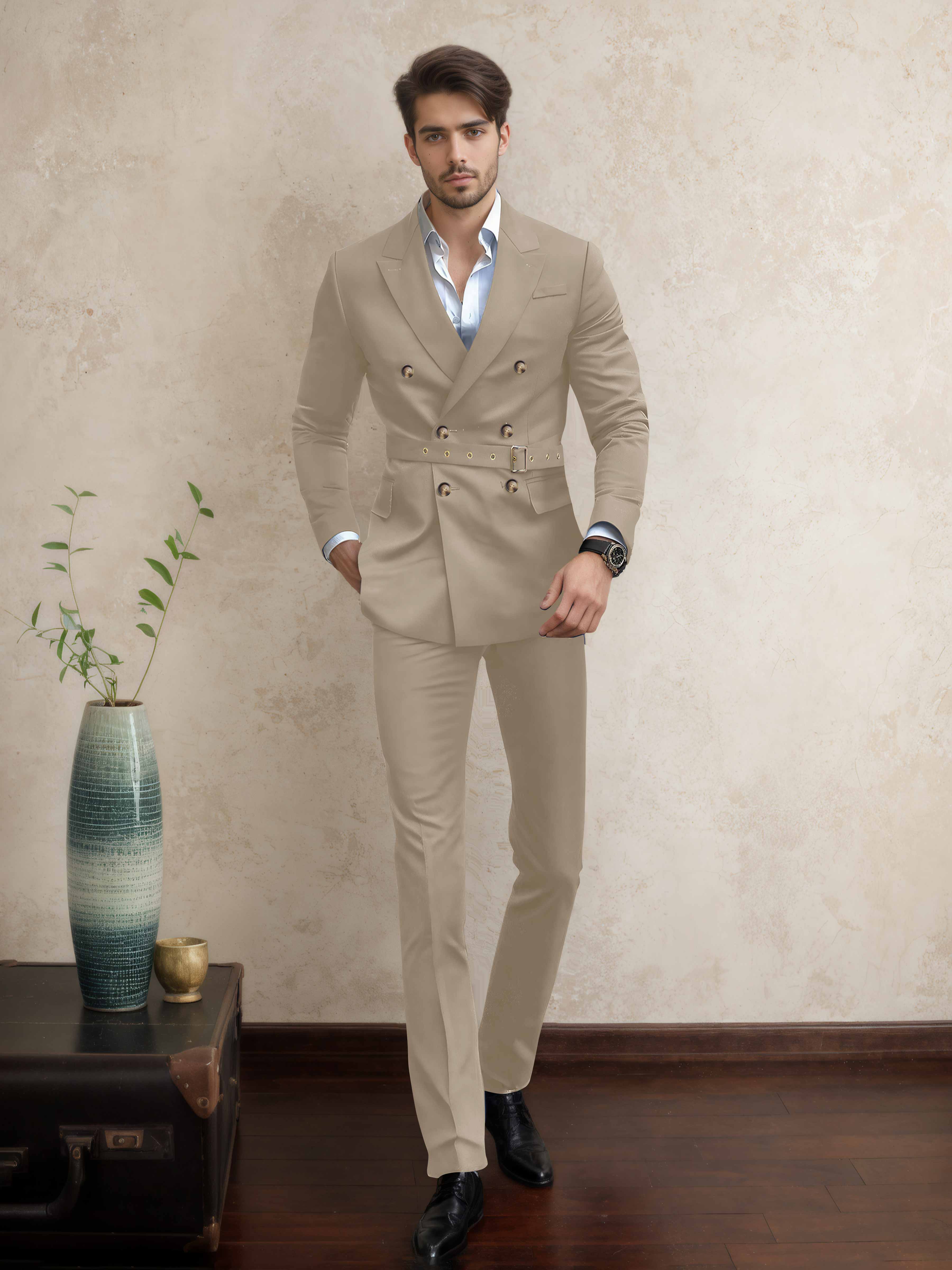Costume Homme Double Boutonnage Ceinturé À Revers Pointus 2 Pièces Décontracté