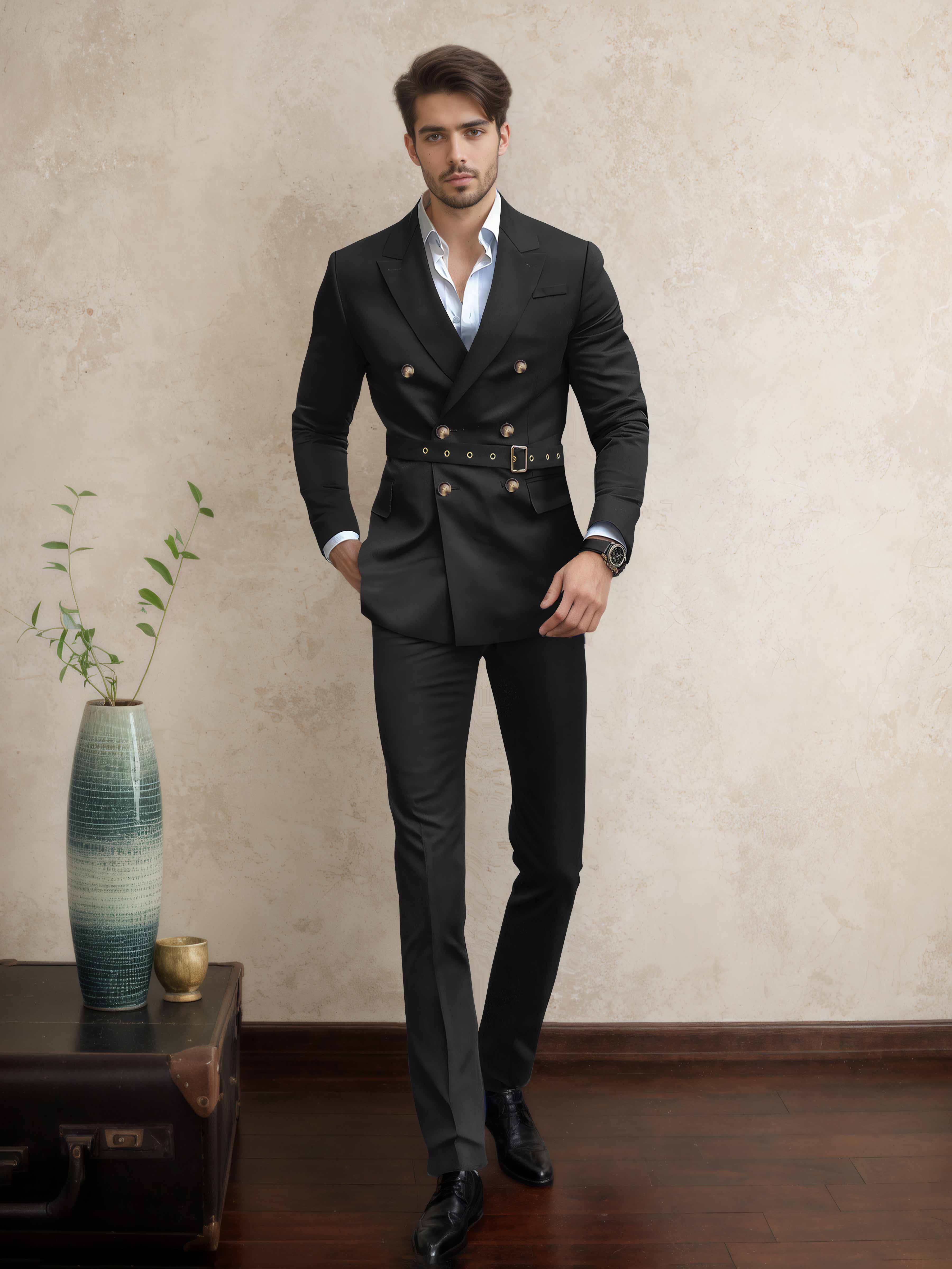Costume Homme Double Boutonnage Ceinturé À Revers Pointus 2 Pièces Décontracté