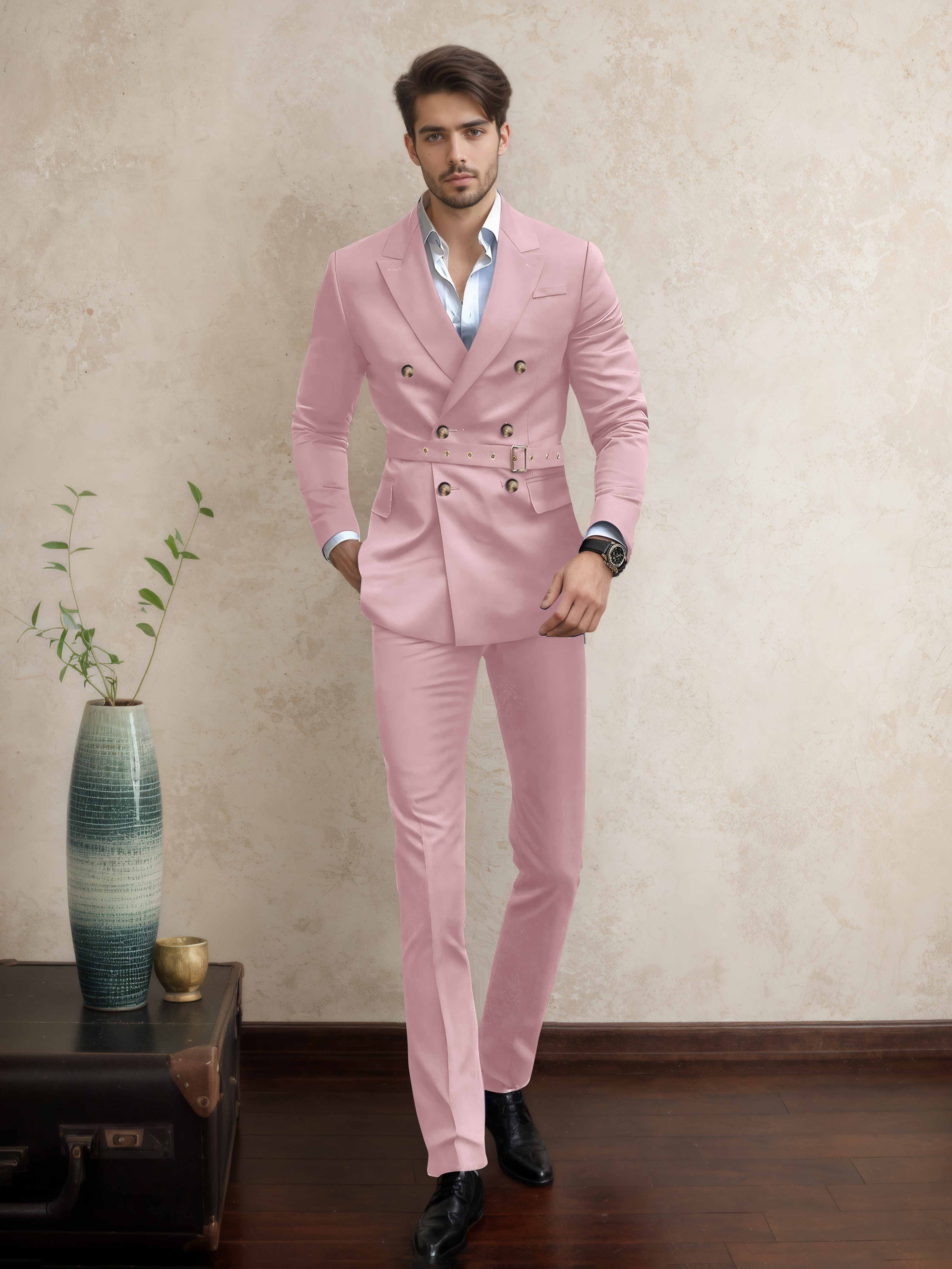Costume Homme Double Boutonnage Ceinturé À Revers Pointus 2 Pièces Décontracté