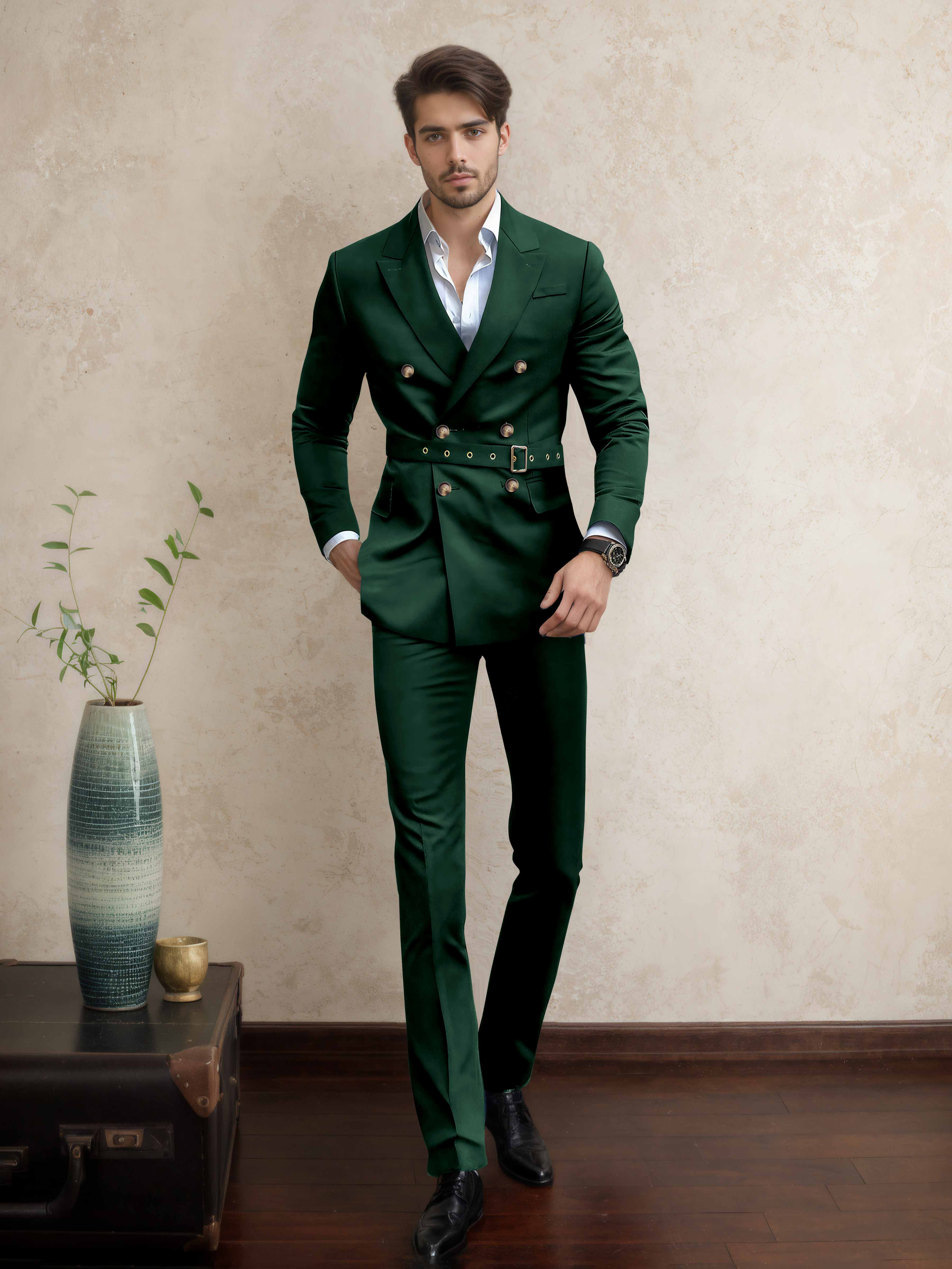 Costume Homme Double Boutonnage Ceinturé À Revers Pointus 2 Pièces Décontracté